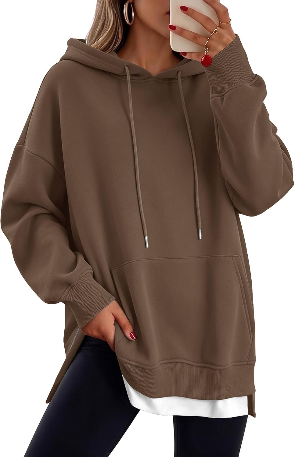 Detalle 2 de onlypuff Women's Oversized Sweatshirt Dress, Long Sleeves, Split Hem & Kangaroo Pocket