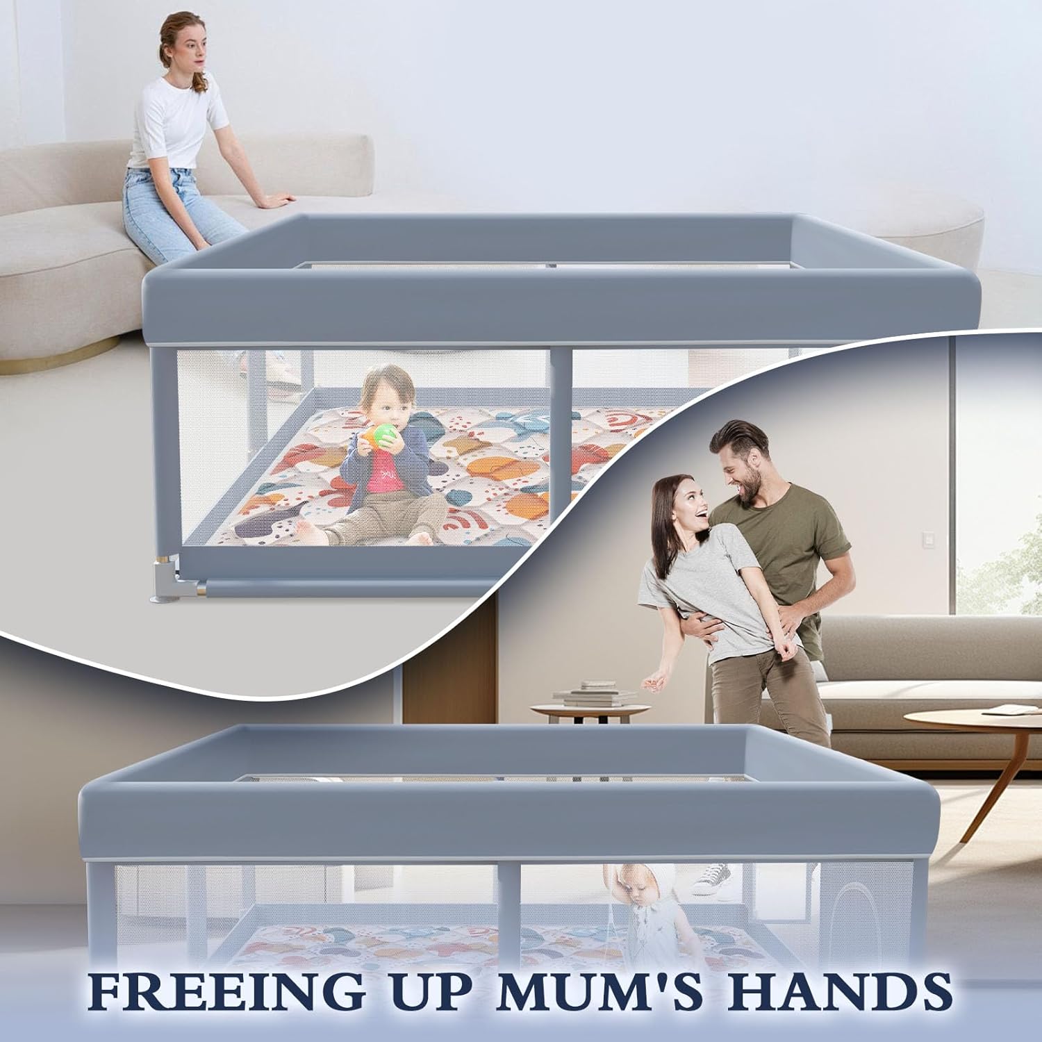 Thumbnail 5 de XVISHX 65 x 50 Inch Baby Playpen with Mat, Playard for Indoor & Outdoor Use (Grey)