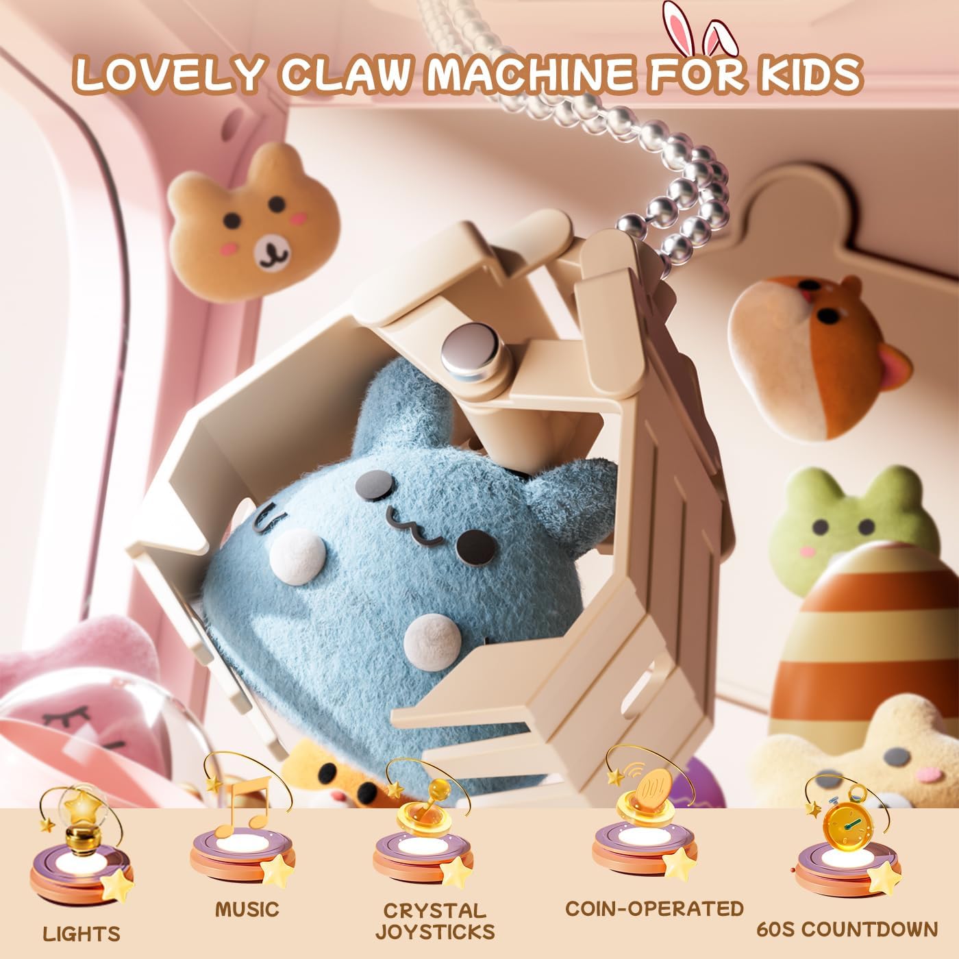 Detalle de 64 PCS Kids Bunny Claw Machine Vending Game (USB or Battery, Back Door for Swapping Prizes)