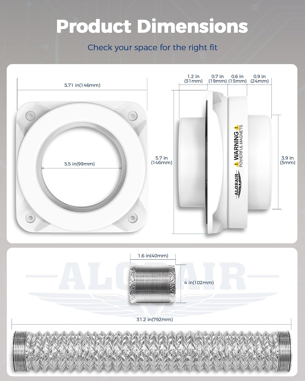 Detalle de ALORAIR DV180 Magnetic Dryer Vent Connector Kit with 4-Inch Hose