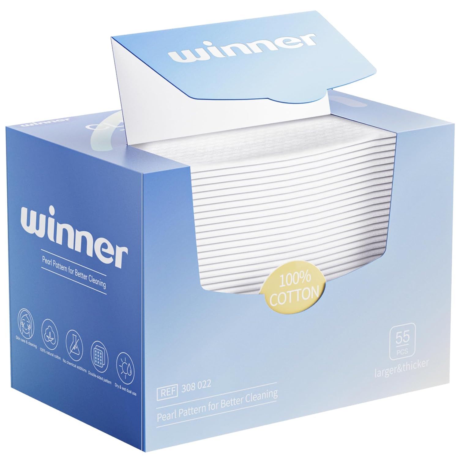 Winner Face Towels XL (100% USDA Biobased) Disposable Facial Towelettes for Sensitive Skin, Odor-Free, 55 Count, 1 Pack