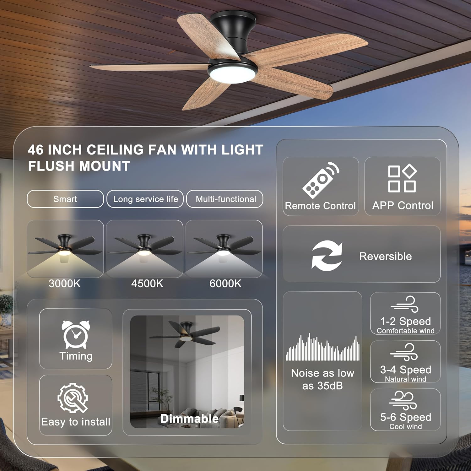 Detalle de Ohniyou Ventilador de Techo 116CM con Luz y Control Remoto