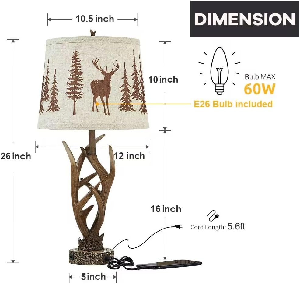 Detalle 1 de Dungoo DG-Deer3-GRY 26" Rustic Antler Table Lamp Set with Touch Dimming and USB
