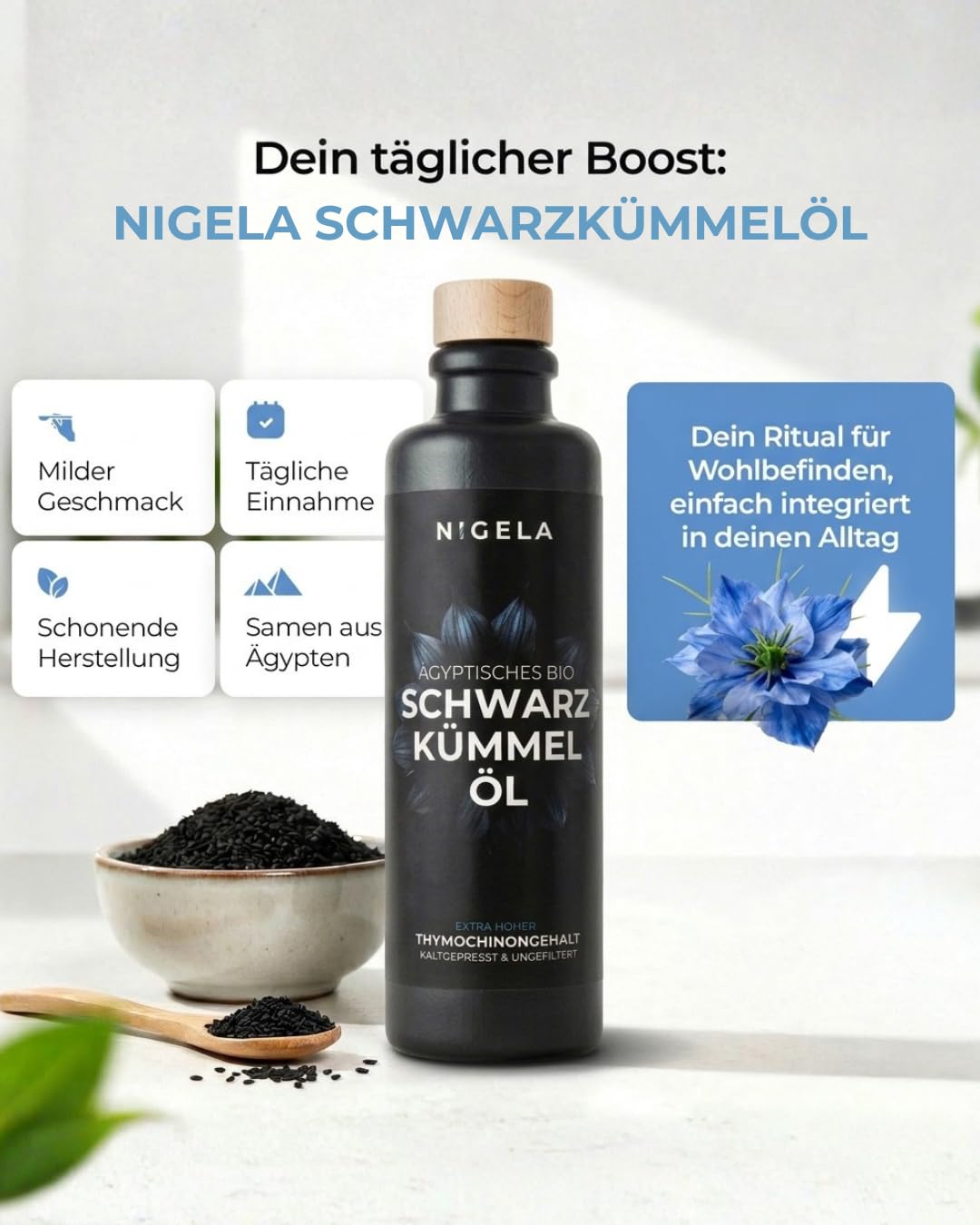 Detalle de Nigela BIO Schwarzkümmelöl ungefiltert (200 ml) – ägyptisches Schwarzkümmelöl mit hohem Thymochinongehalt