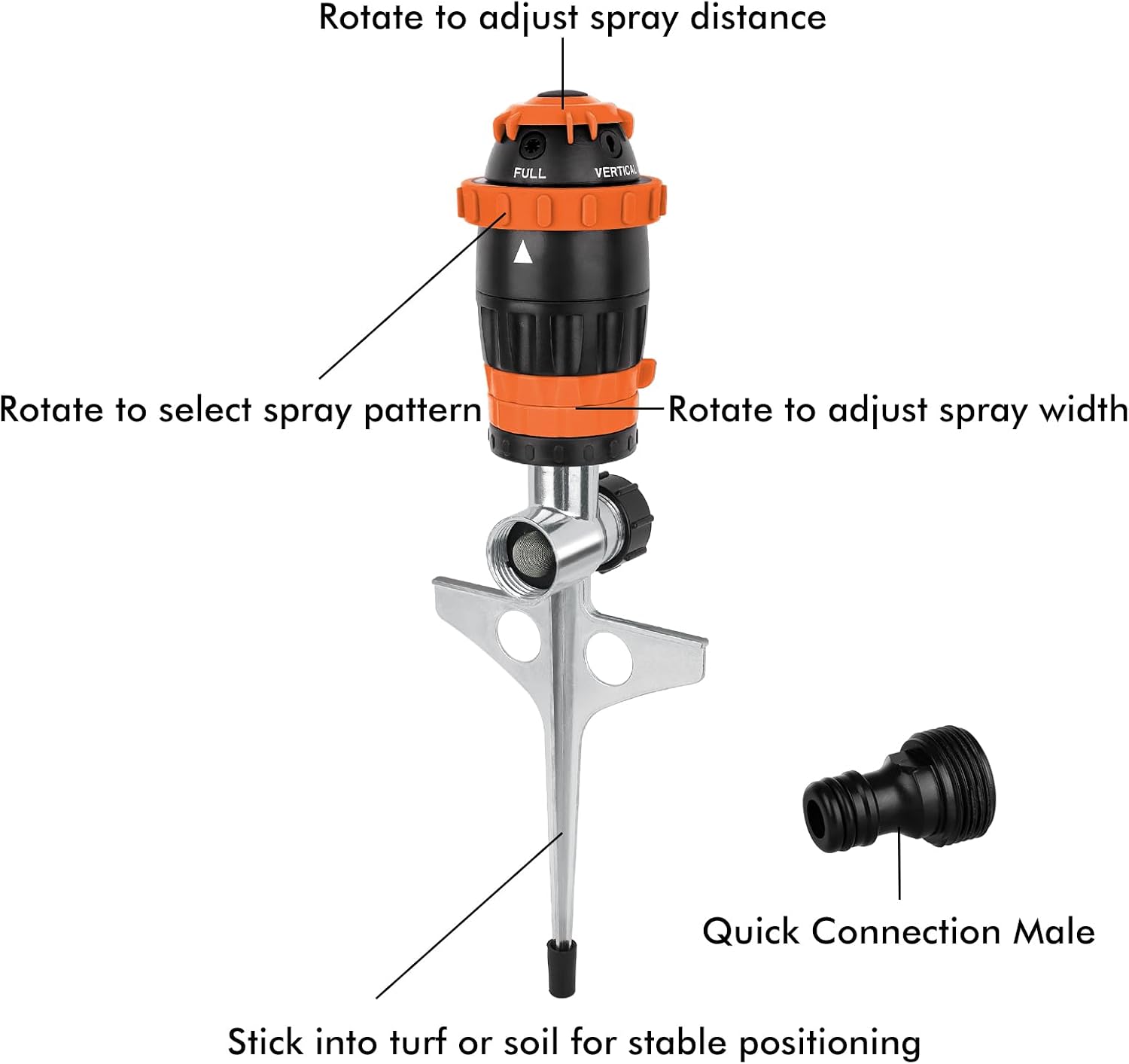 Detalle de RESTMO Gear Drive Sprinkler with Metal Spike Base – 5-Pattern Heavy Duty Garden Sprinkler (Orange)