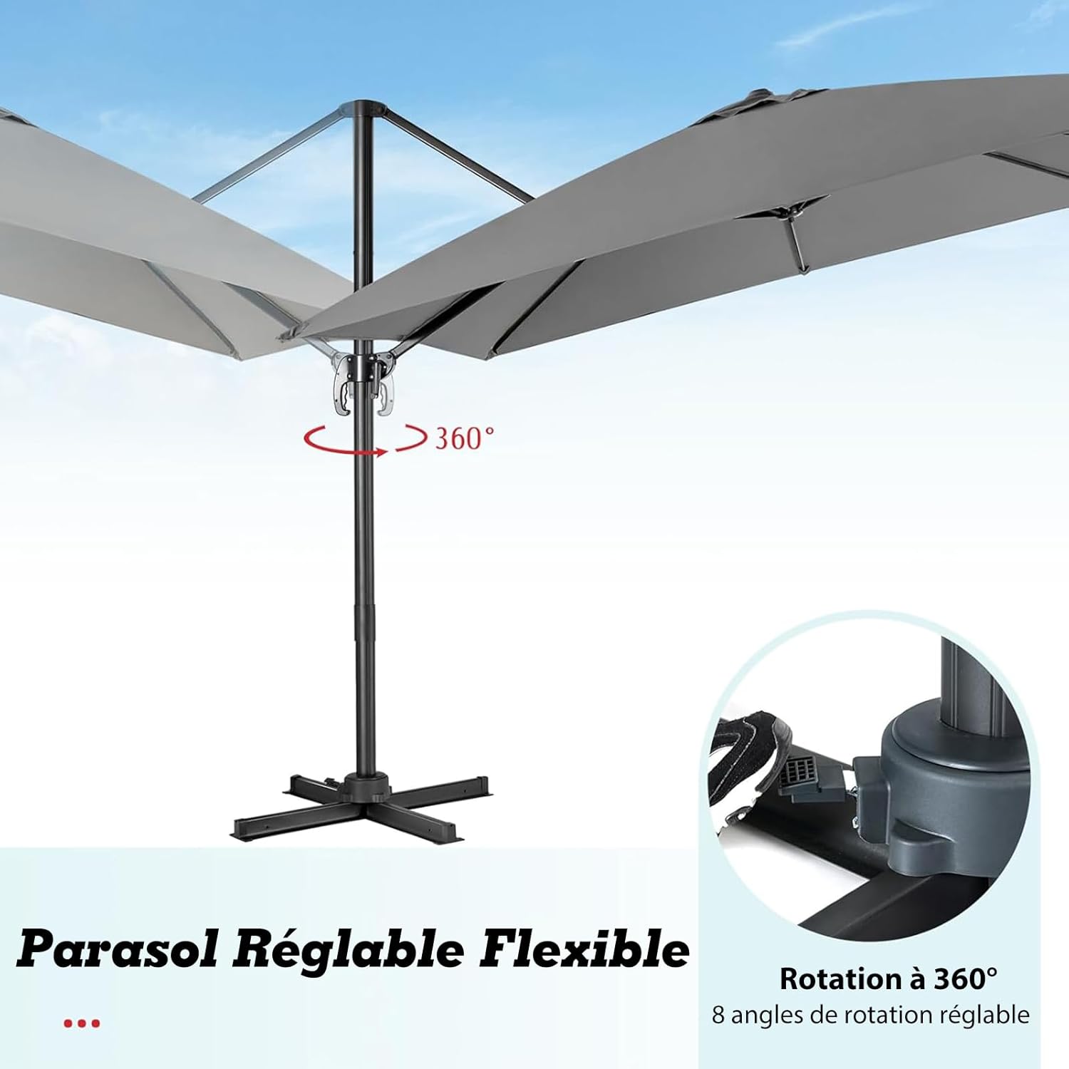 Thumbnail 4 de GOPLUS Parasol de Jardin Déporté 3x3 m – Toile inclinable, rotation 360°, gris