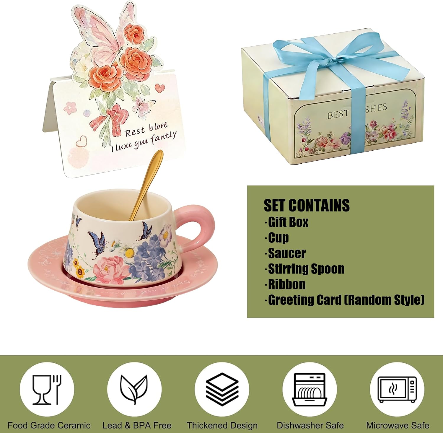 Thumbnail 3 de ENSFTF Lily of the Valley coffee cup and saucer set (300ml) with stirrer – pink oil painting butterfly gift set