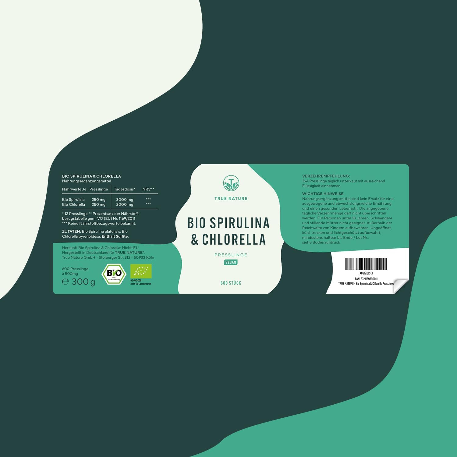 Detalle de Bio Spirulina & Chlorella Presslinge – 600 Tabletten, 6.000 mg/Tag, vegan, DE hergestellt