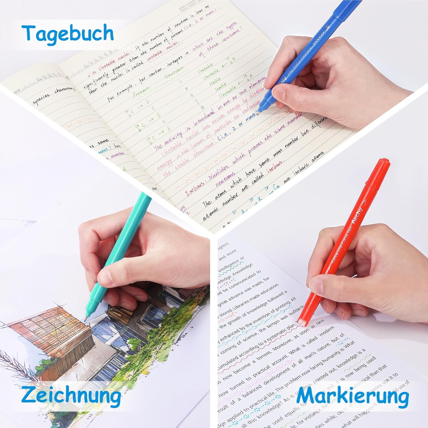 Detalle de AECHY 12er Set Textmarker mit Doppelspitze – 12 Farben, 10 Musterrollen