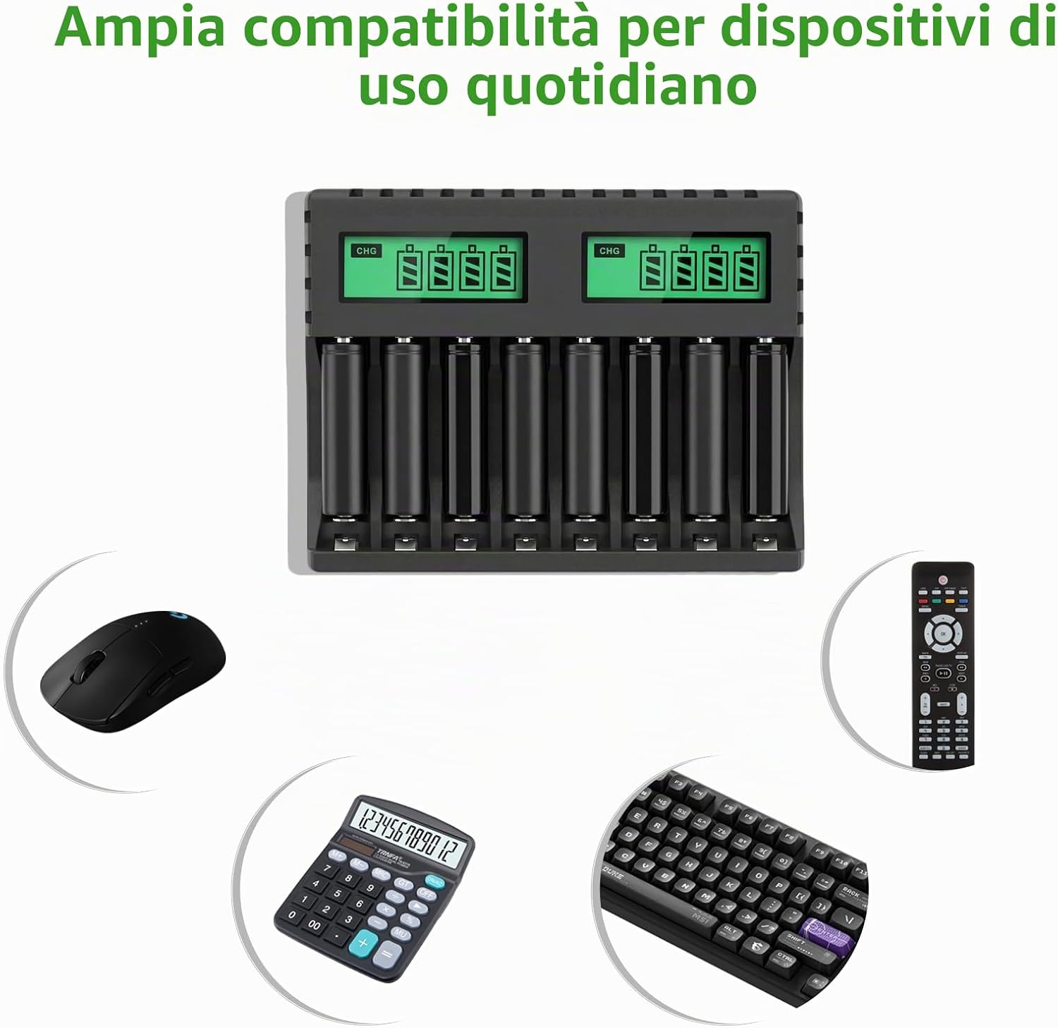 Thumbnail 6 de Carehabi Caricabatterie 8 Slot AA/AAA Ni-MH con Display LCD, USB-C e Compatibilità Estesa