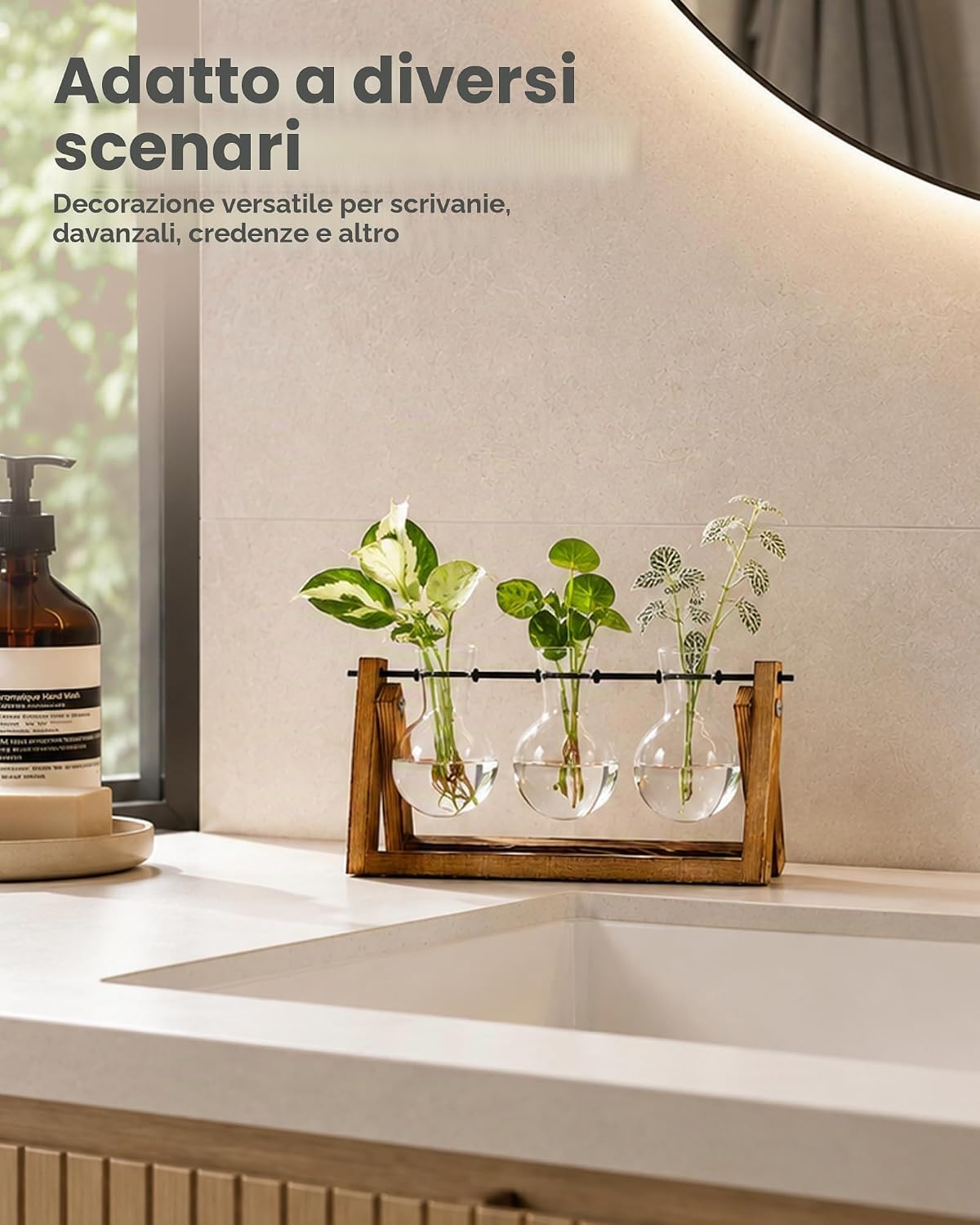 Detalle de Bamworld Stazione di Propagazione delle Piante Idroponiche con Supporto in Legno: 3 Vasi in Vetrografia per piante acquatiche e decorazione