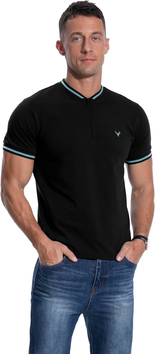 Detalle de PCEAIIH Men's Henley T-Shirt with Zip Stand Neck and Deer Head Embroidery