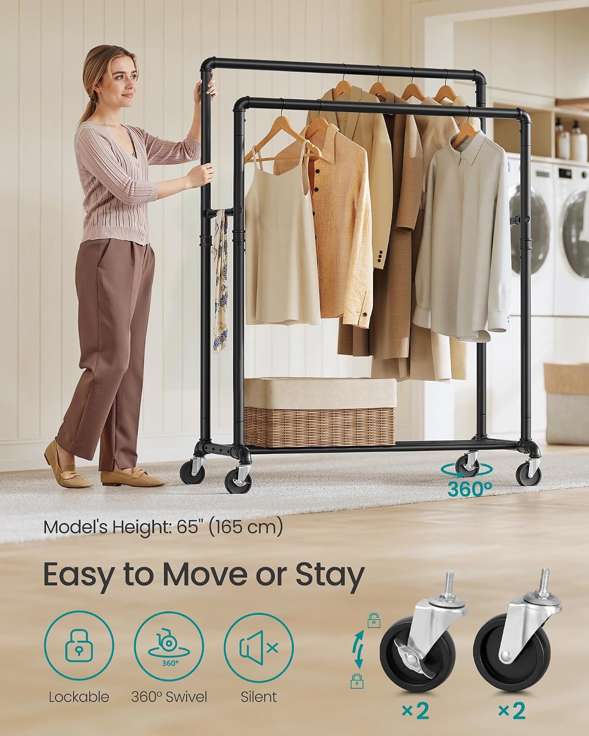 Detalle 1 de SONGMICS HSR60B Clothes Rail on Wheels, 110 kg Capacity, Double Rails