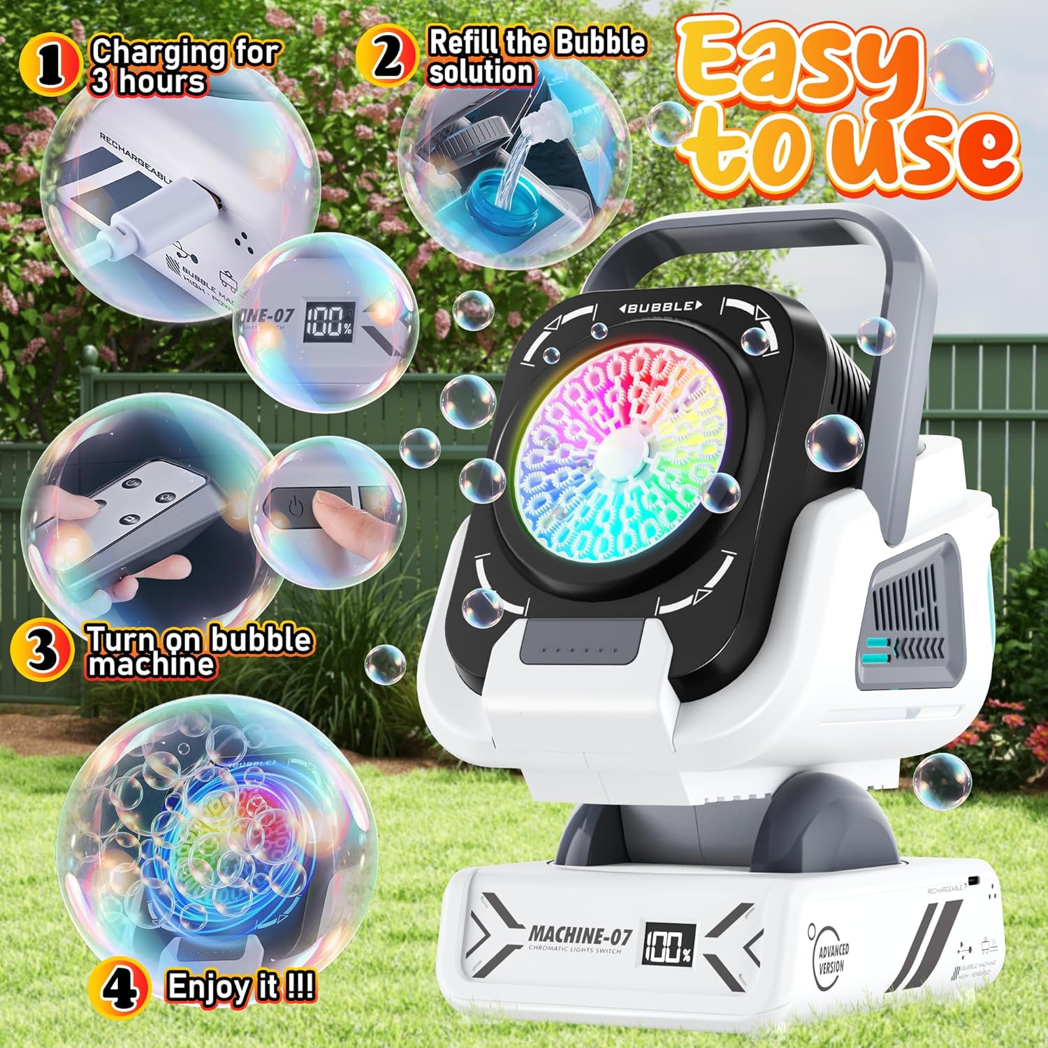 Detalle 2 de Bubble Machine with Remote Control and 7 Color RGB Lights (Rechargeable, 20,000+ Bubbles/Minute) — Outdoor Party Bubble Blower