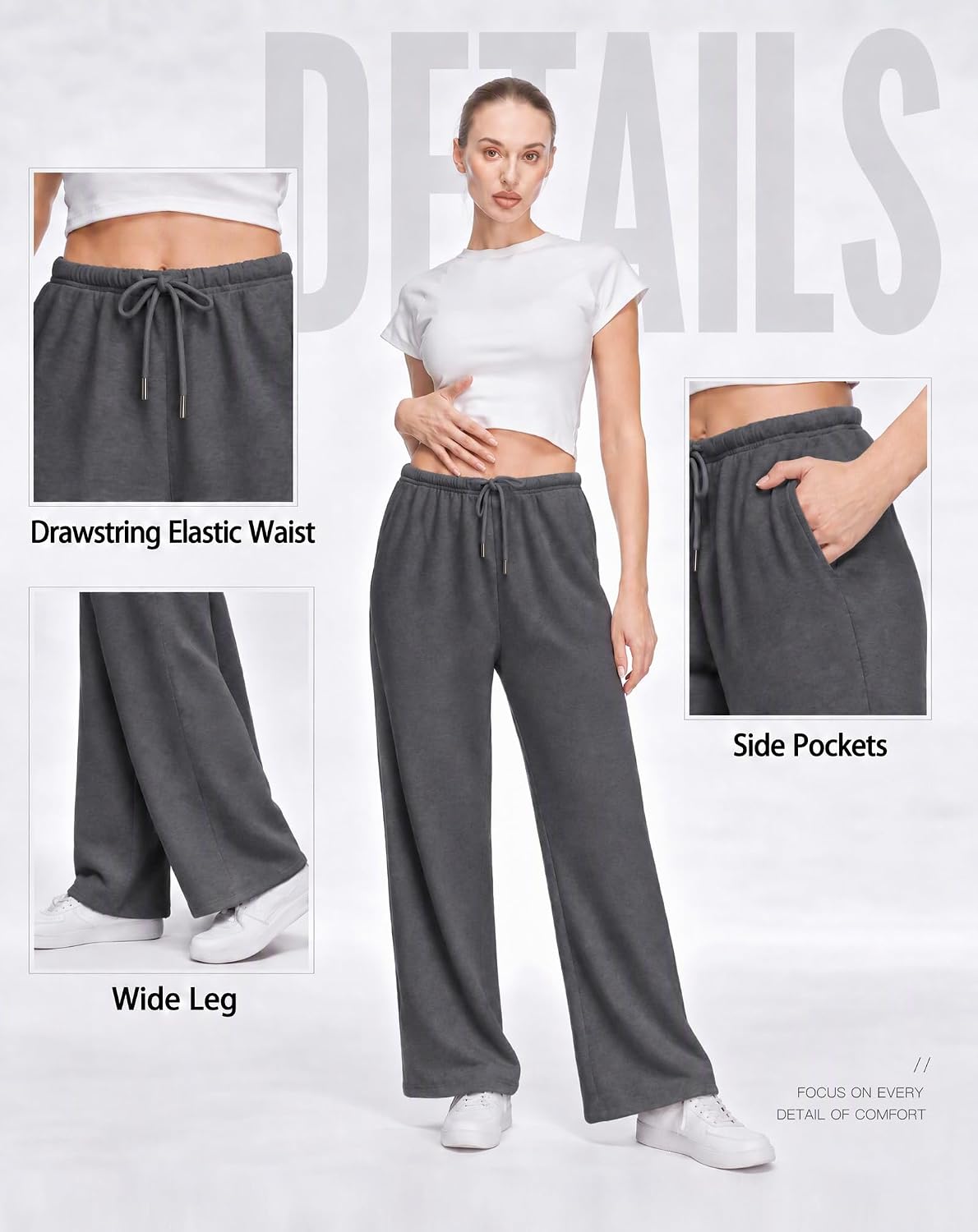 Detalle 2 de JEKAOYI Women's Wide-Leg Sweatpants, High-Waisted Cotton Blend with Pockets