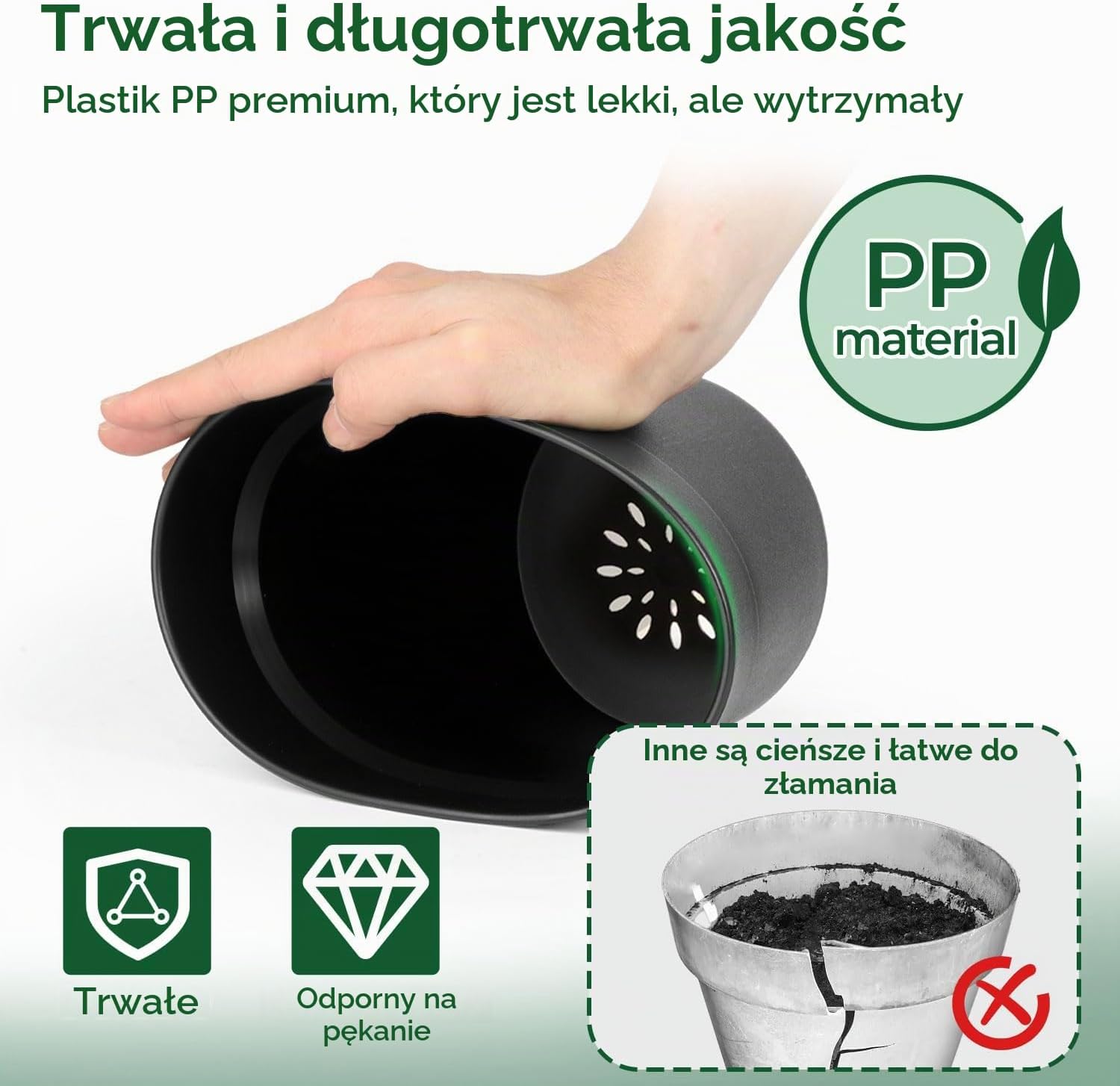 Detalle de T4U czarne doniczki plastikowe 16 cm, 6 sztuk z podstawkami i drenażem