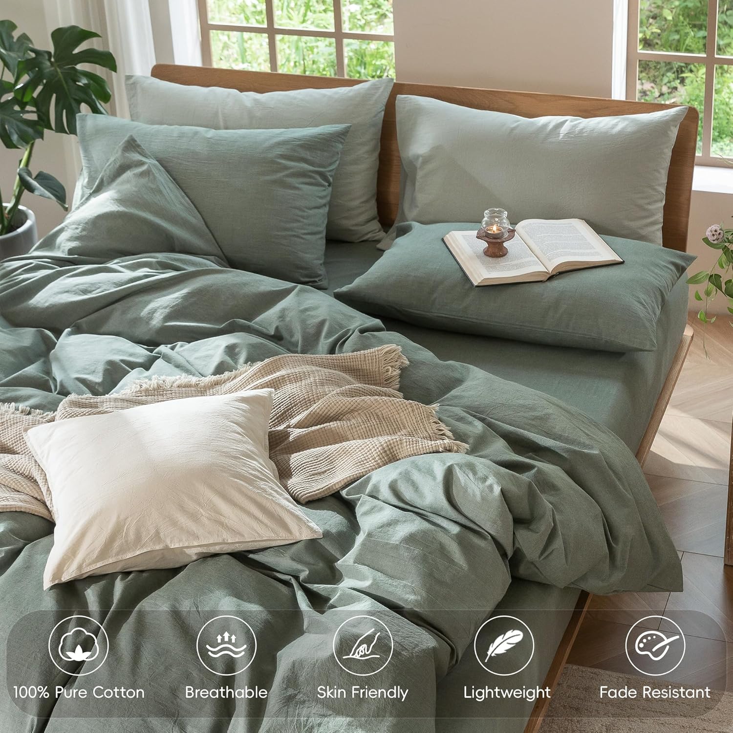 Thumbnail 3 de MooMee Bedding Duvet Cover Set: 100% Washed Cotton, Linen-Like Texture in Heathered Green (King, 104x90)