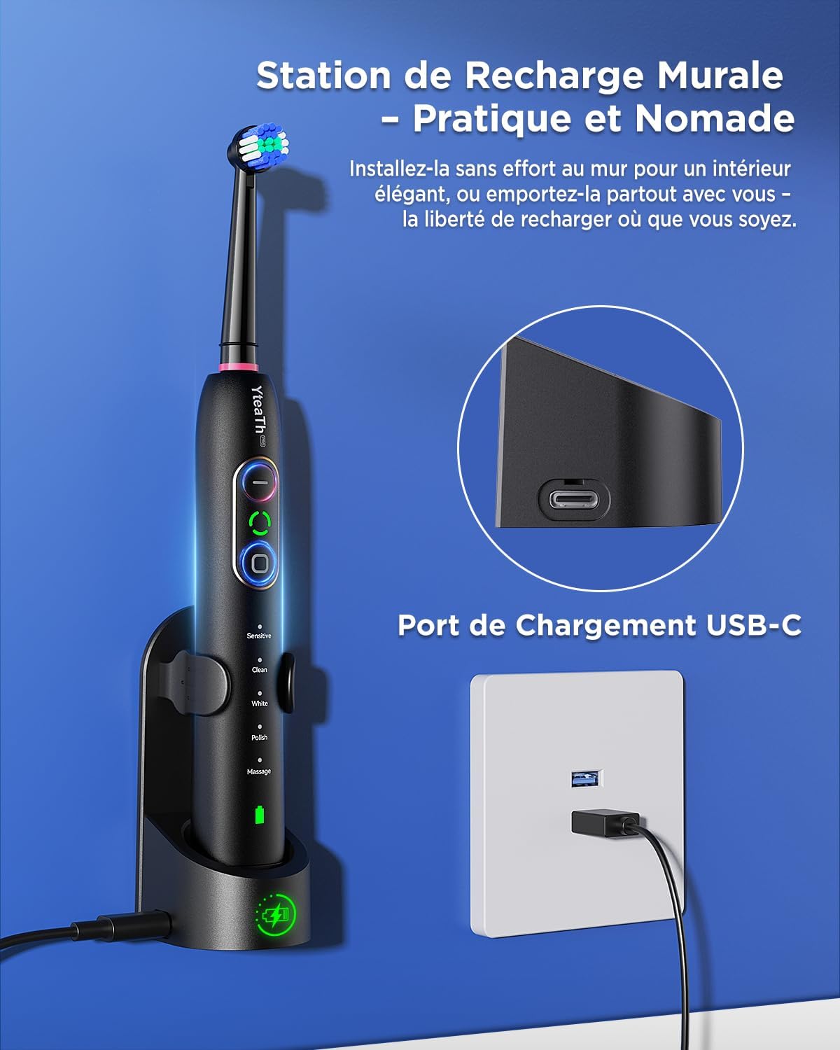 Thumbnail 6 de YTEATH PRO: Brosse À Dent Électrique Rotative pour Adultes — 5 Modes, 3 Intensités, 8 Têtes, IPX7, Noir Profond