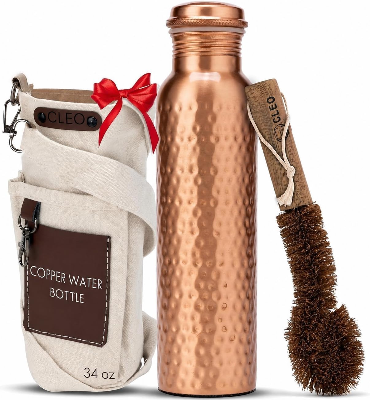 Detalle de AVA DESIGNZ HMR-BAG-CLNR Copper Water Bottle, 34 Oz Hammered Finish with Bag
