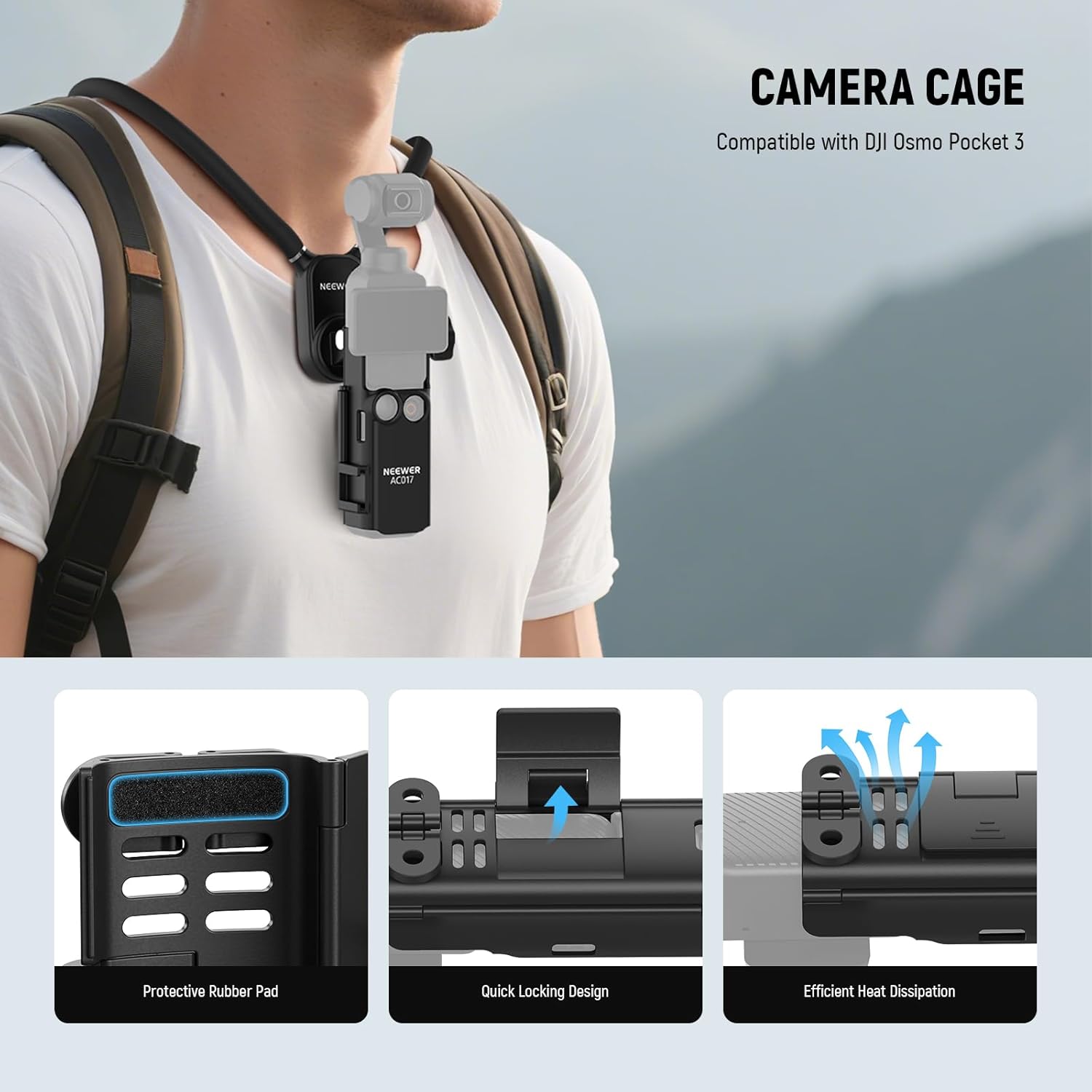 Thumbnail 2 de NEEWER Magnetic Neck Mount with Pocket 3 Cage for POV filming (Hero 13/12/11 Max, DJI Action 5 Pro, Insta360 Osmo Pocket 3)