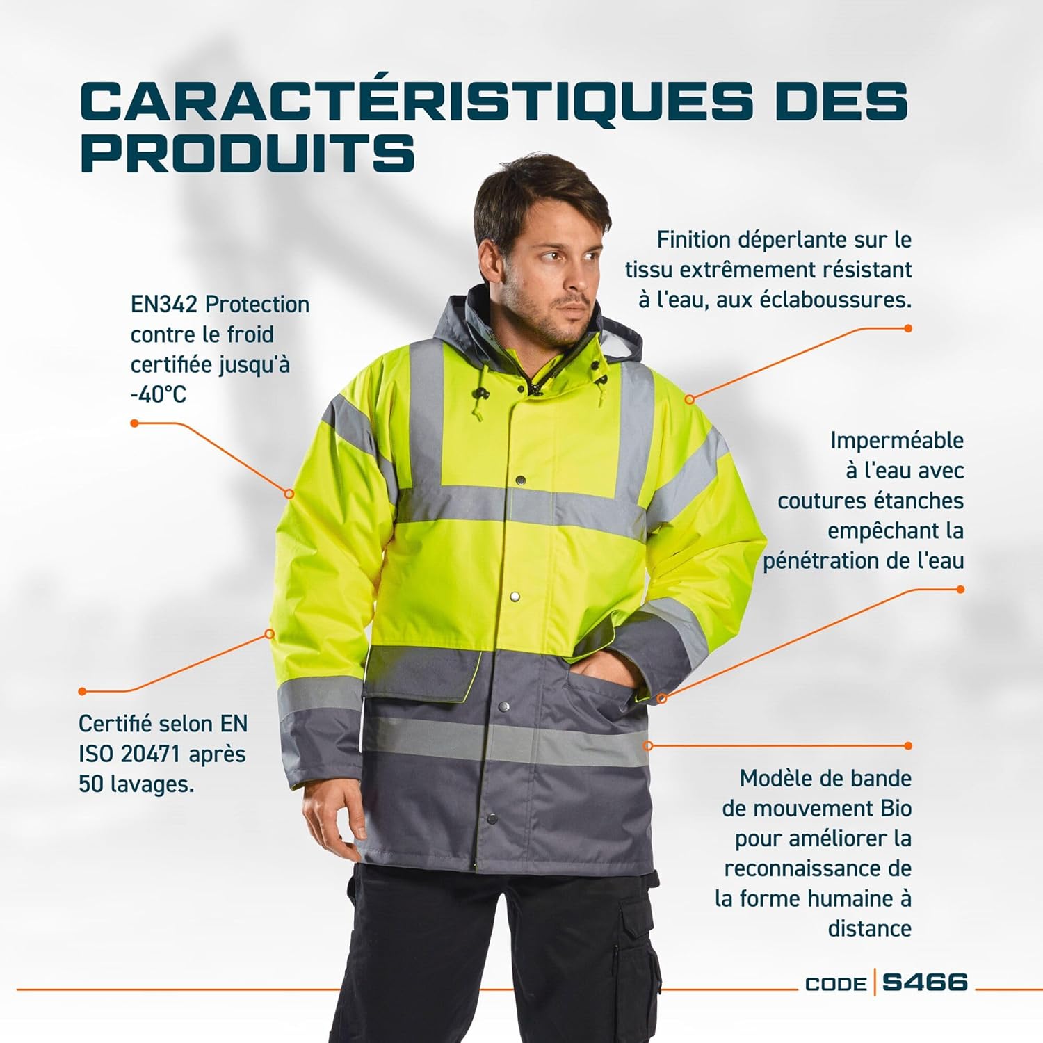 Detalle 2 de Parka bicolore Portwest Parka Bicolore Traffic S466YBRM Jaune/Noir (EN ISO 20471, jusqu’à -40 °C)