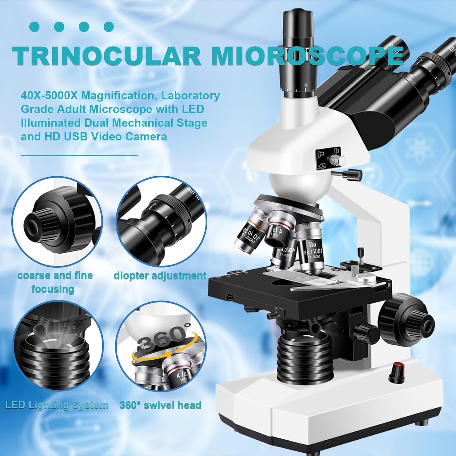 Thumbnail 5 de Trinocular Microscope 40X–5000X with HD USB Camera
