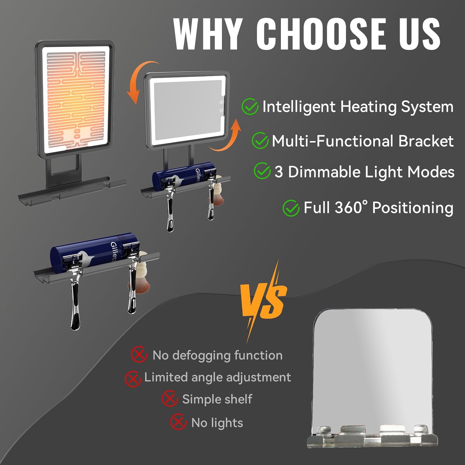 Thumbnail 6 de DeLanges Heated Fogless LED Shower Mirror with 3 Dimmable Lights, Rechargeable Battery & Drill-Free Mount