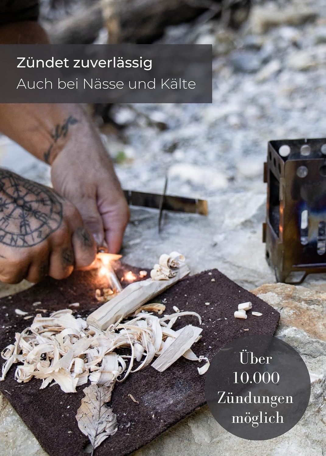 Thumbnail 2 de LAMBDA COFFEE® Ember Magnesium-Feuerstarter mit Feuerstahl, Kienspan und Metallbox für Zunder