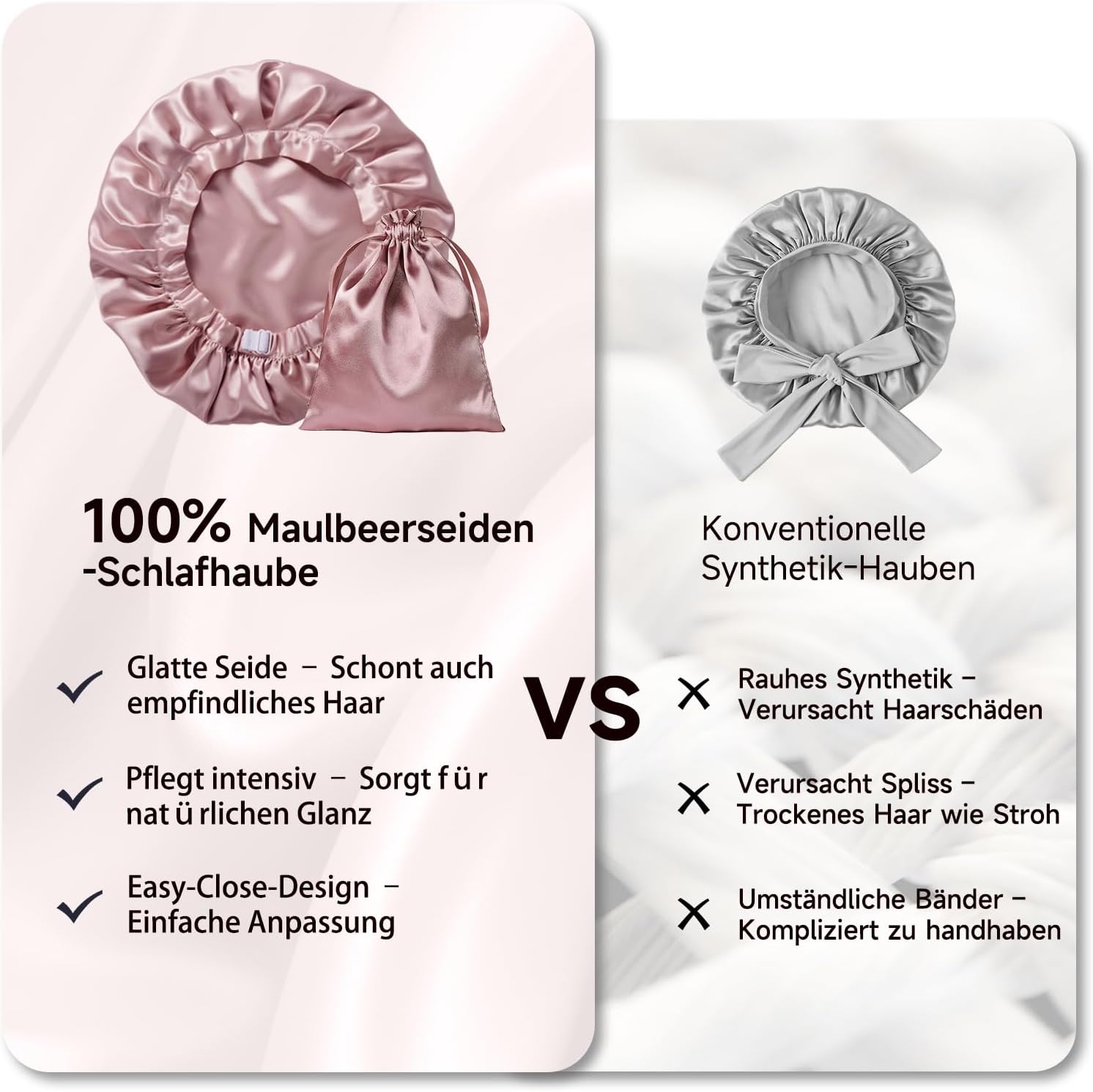 Detalle 2 de Kaome Seiden-Schlafmütze 22 Momme, 100% Maulbeerseide, verstellbar