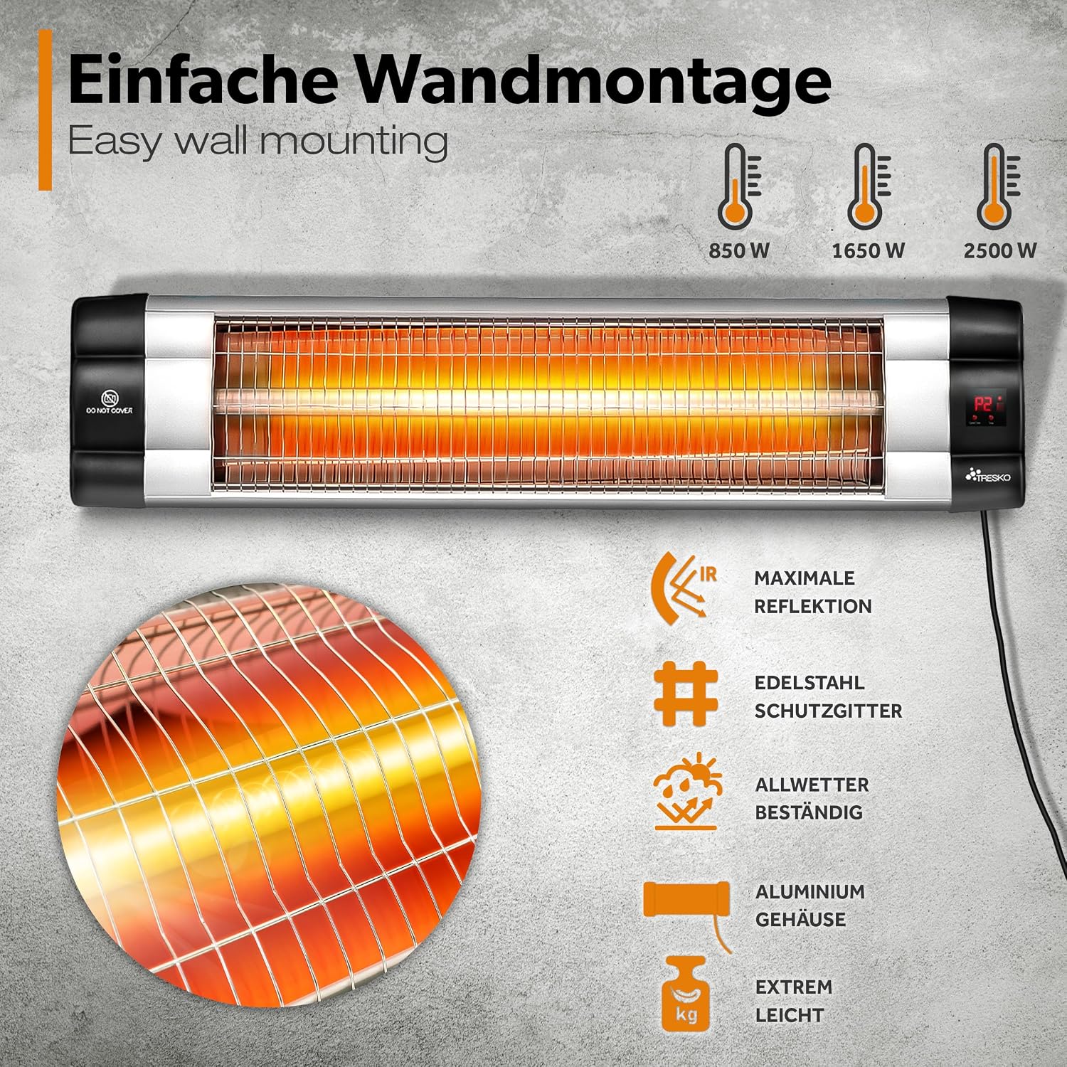 Detalle de TRESKO Infrarot Heizstrahler 2500W mit Fernbedienung – Terrassenheizstrahler für Innen & Außen