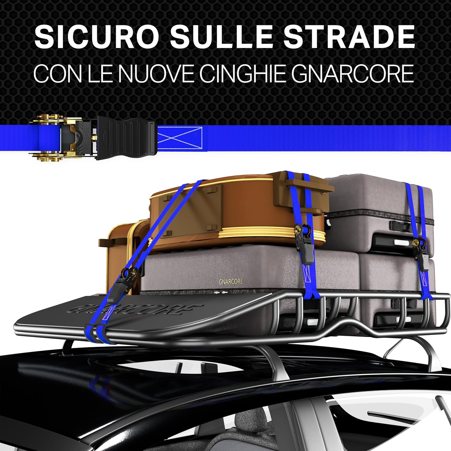 Detalle de Cinghie di fissaggio a cricchetto Premium (set da 4) da 800 kg con borsine e certificato DIN EN 12195-2