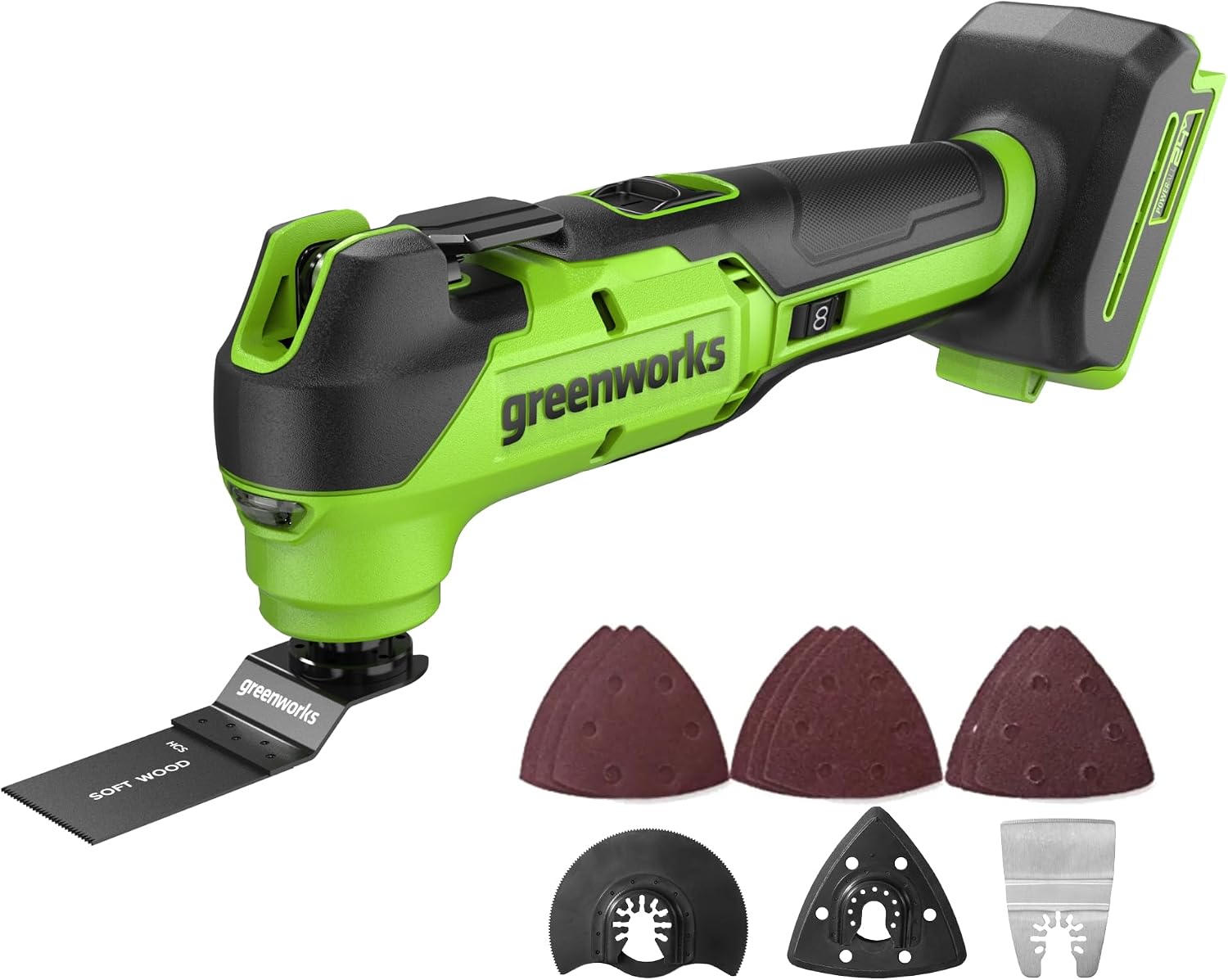 Thumbnail 6 de Greenworks G24MTK2 Utensile Multifunzione a Batteria: oscillante, 6 velocità e 5 accessori da 24V con batteria 2Ah