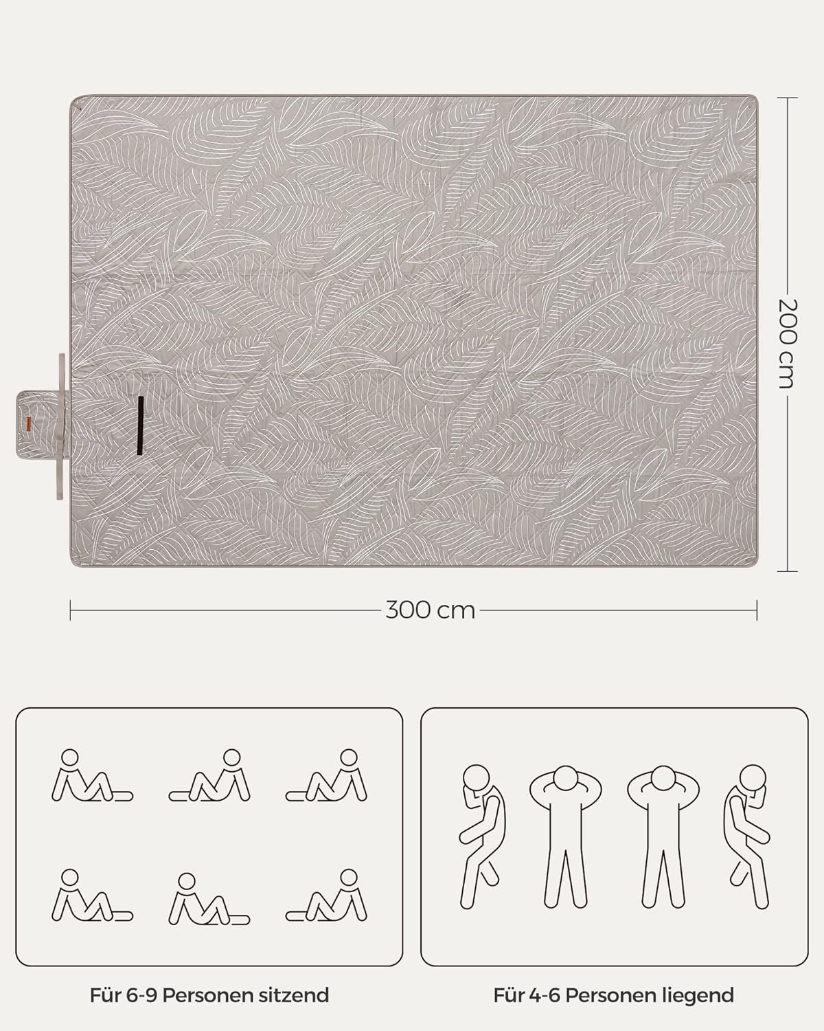 Detalle de SONGMICS Picknickdecke 300 x 200 cm, khaki mit Farnmuster, wasserdicht, 4 Erdankern, maschinenwaschbar, faltbar