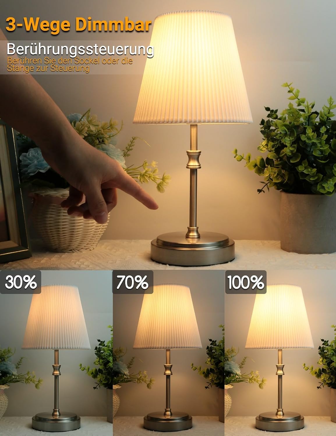 Detalle de HSLighting CT9 touchdimbare tafellamp 31,5 cm, zilver, 3 lichtstanden