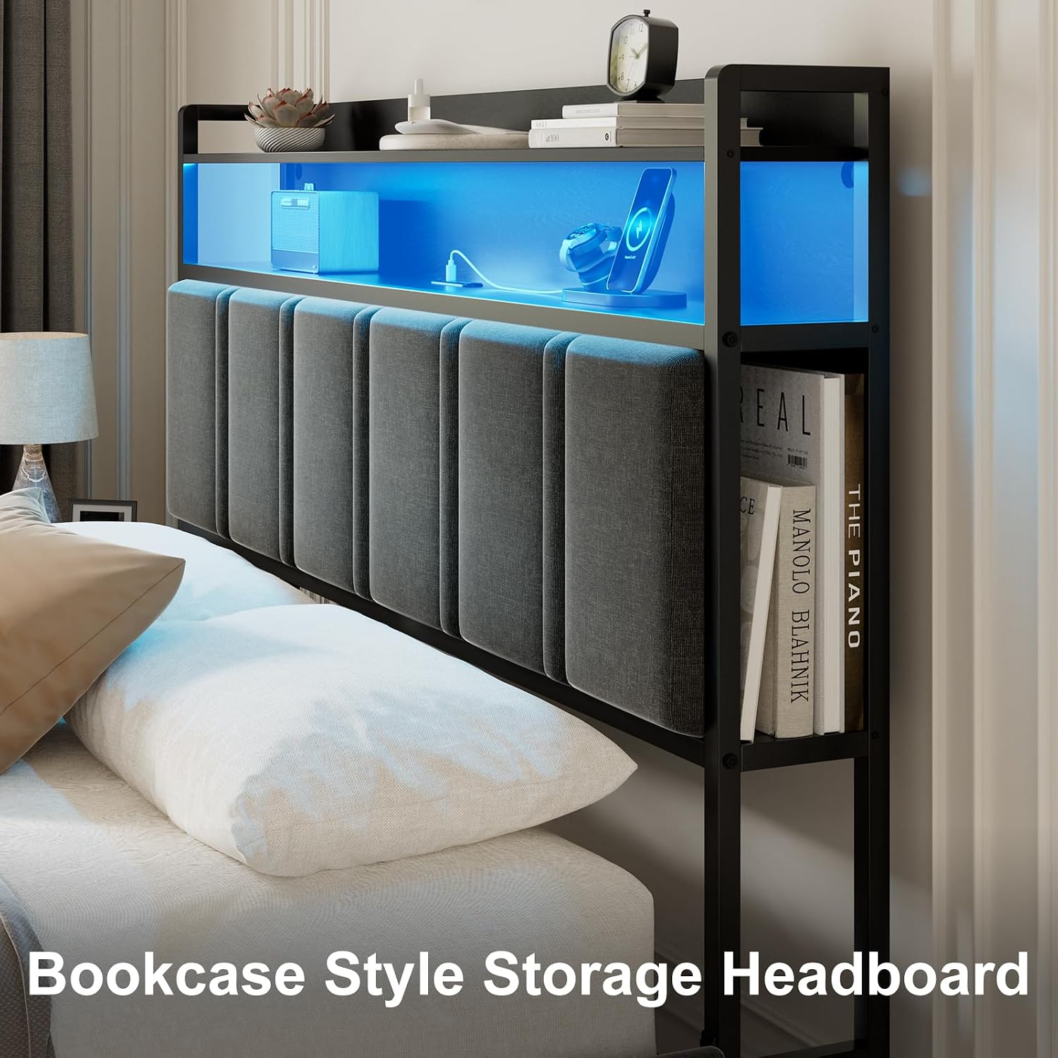 Detalle de Isometrics HB061GKGY Queen Bed Frame with Storage, Grey Upholstery and RGB LED