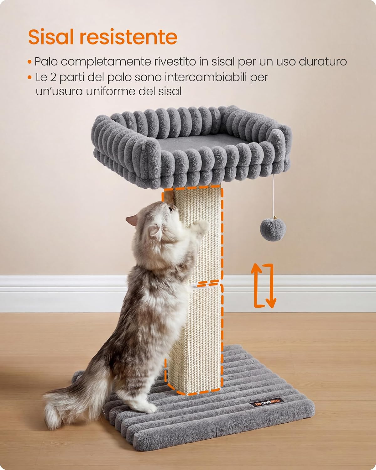 Thumbnail 3 de Feandrea Tiragraffi per Gatti Adulti – Colonna in Sisal con Piattaforma Lavabile (Grigio, 45 x 40 x 71 cm) – Collezione CLAWFY PCA022G201