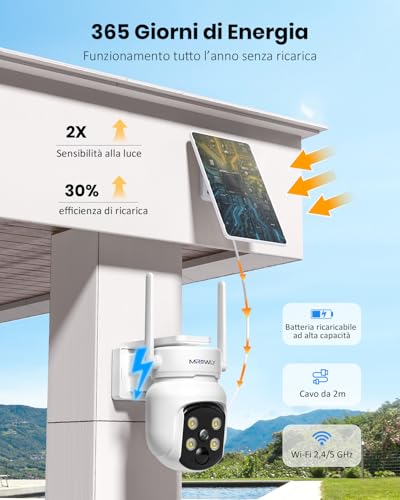 Detalle de MROWLY Telecamera Wi-Fi Esterno 2 in 1 con Pannello Solare: 4MP/2.5K, Copertura 360°, Visione Notturna a Colori e Rilevamento PIR