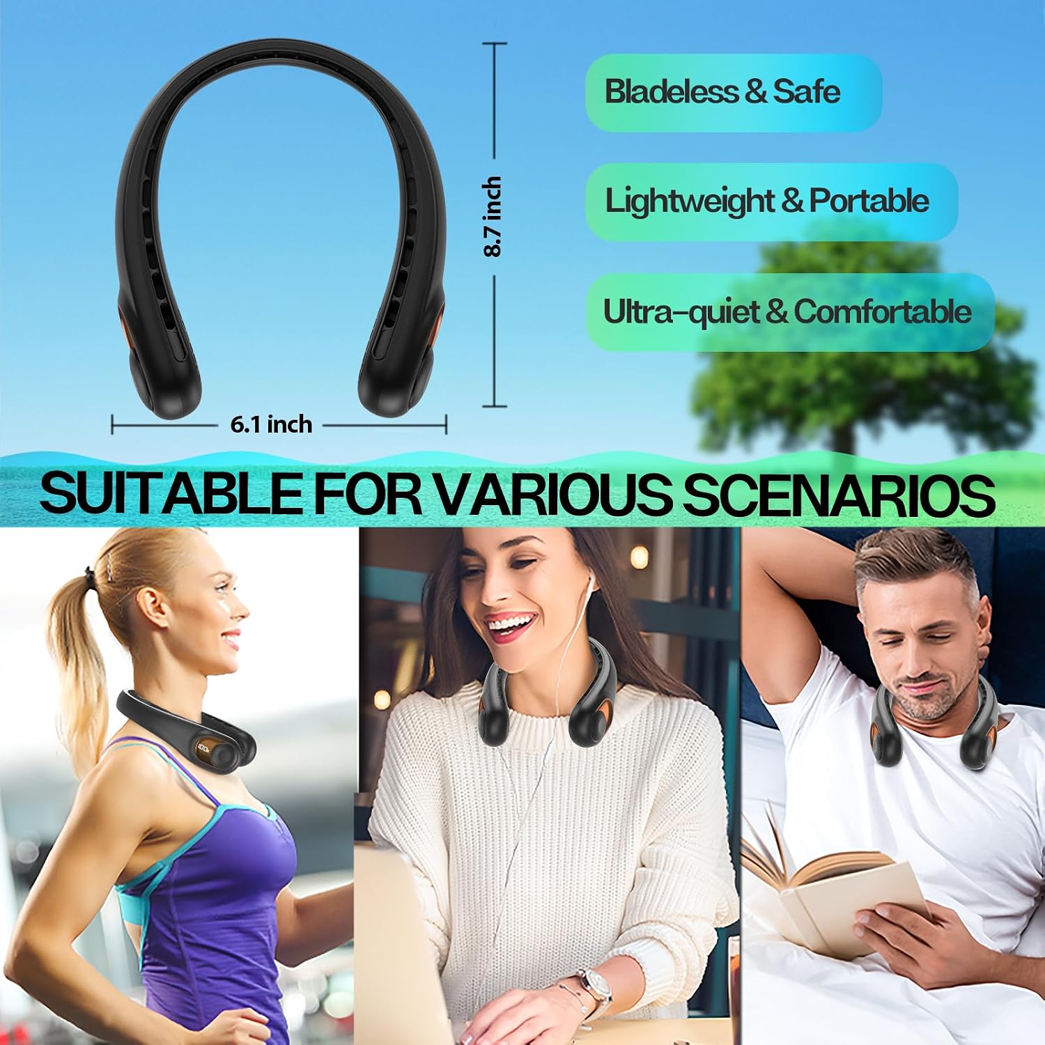 Detalle 2 de KIDEE Kid’s Neck Fan (4000mAh) – Portable Bladeless Wearable Fan with 360° Airflow, 3 Speeds