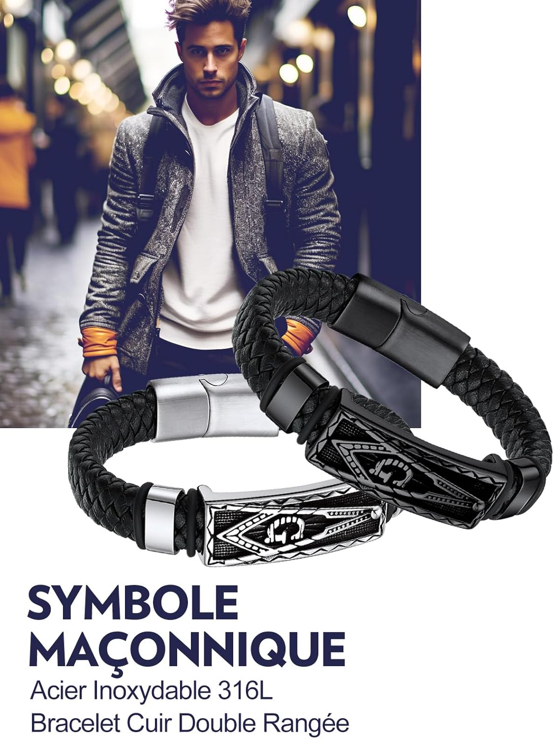 Thumbnail 2 de Bandmax Bracelet Homme Cuir PU Tressé Noir 21/23 cm avec Manchette Marteau