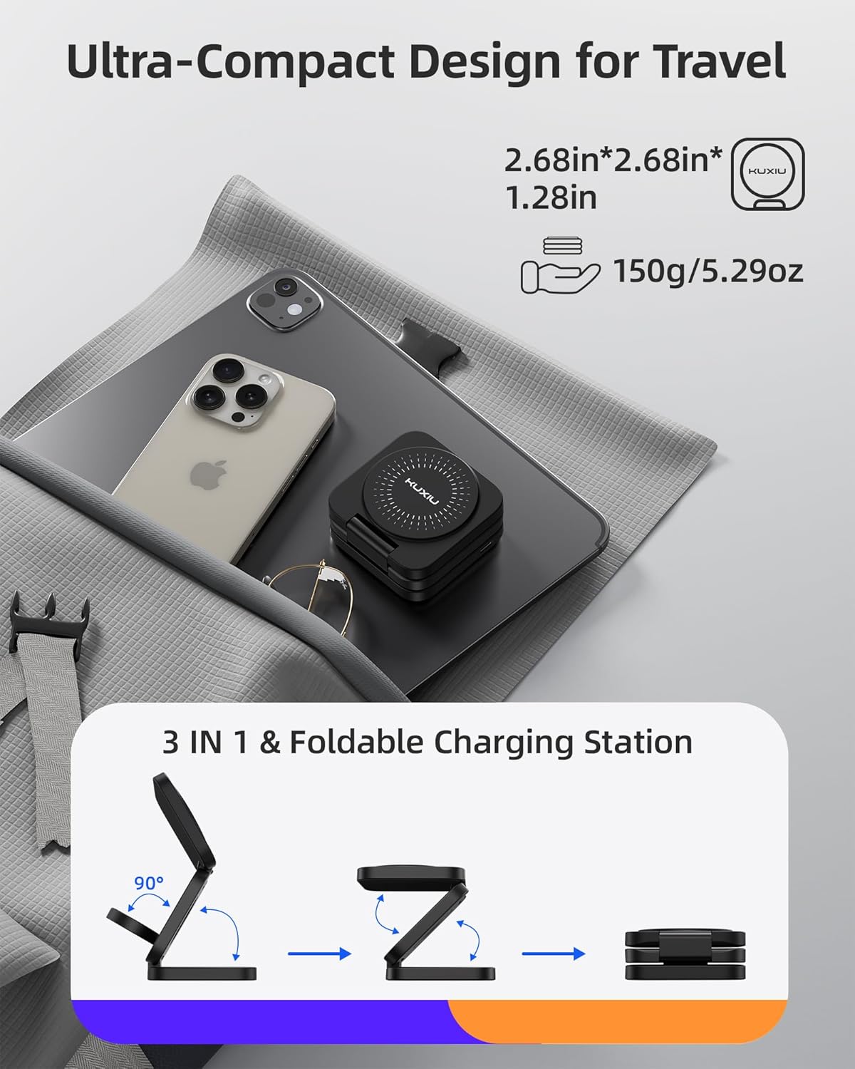 Thumbnail 4 de KU XIU X55 Turbo Qi2.2 25W: Stazione di Ricarica Wireless 3 in 1 pieghevole con MagSafe