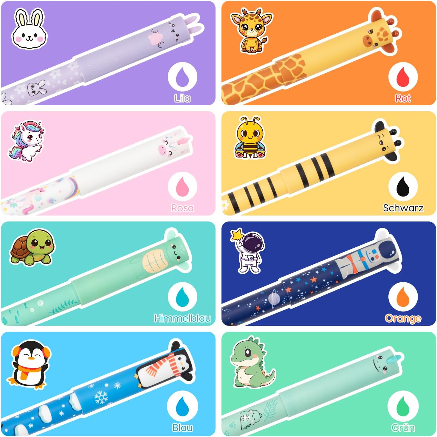 Thumbnail 2 de Zouwel radierbare Gelstifte im 8er-Set (0,5 mm Spitze) – mit Tier- und Weltraum-Motiven