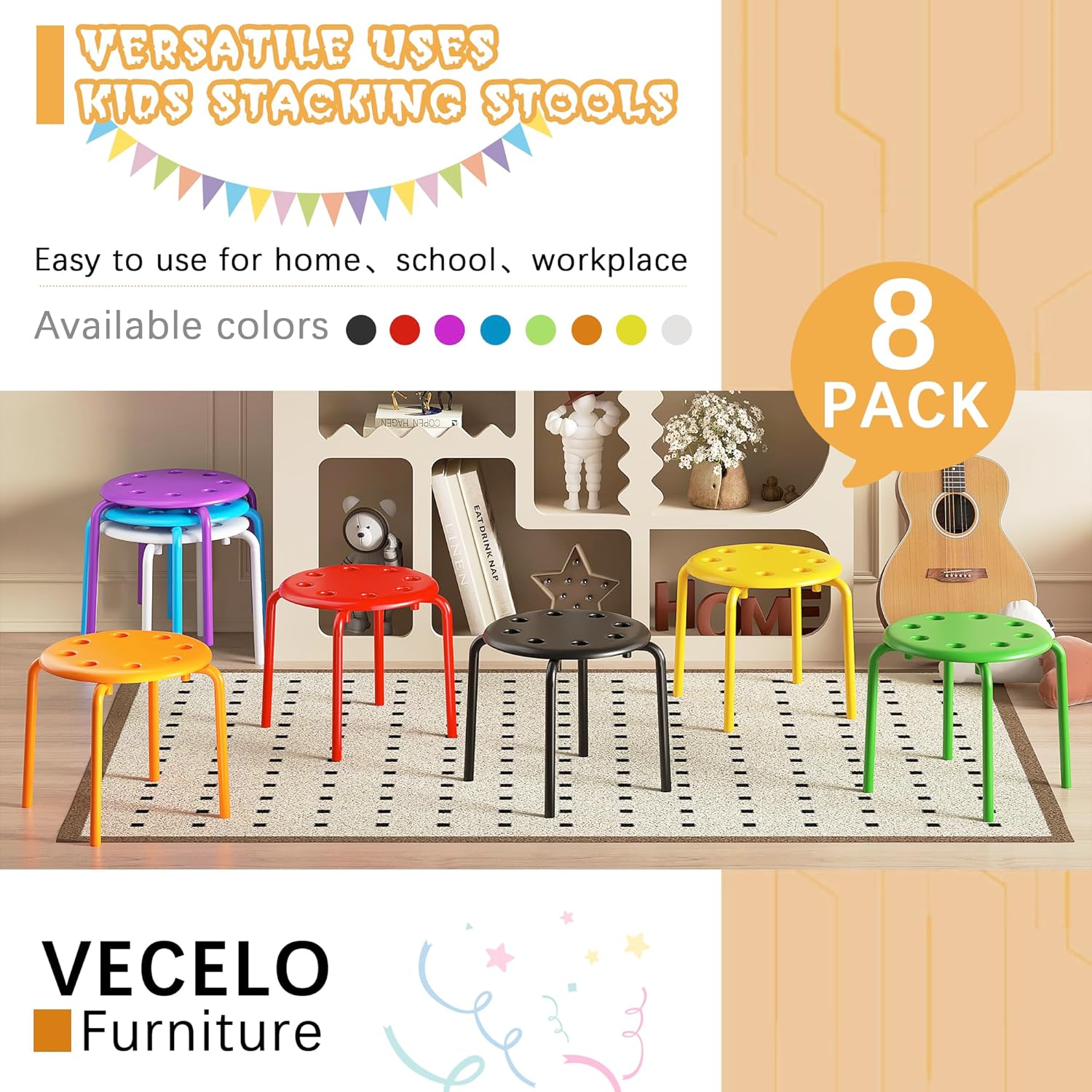 Detalle 2 de VECELO Stackable Stools, 8-Piece Green Set, 12-Inch Seats