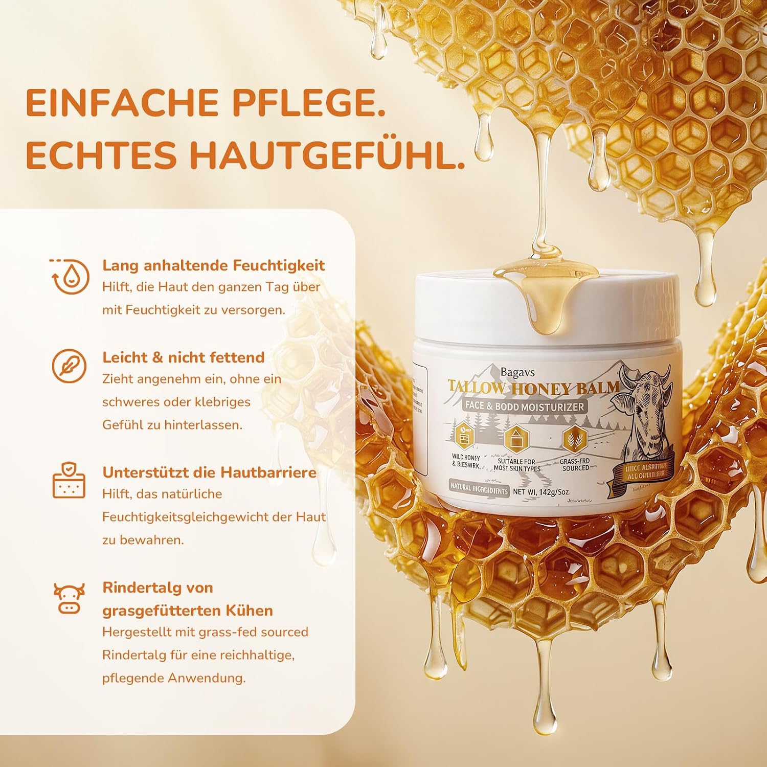 Detalle 2 de Bagavs Tallow Creme mit Honig – Reichhaltige Feuchtigkeit für Gesicht & Körper (142 g)