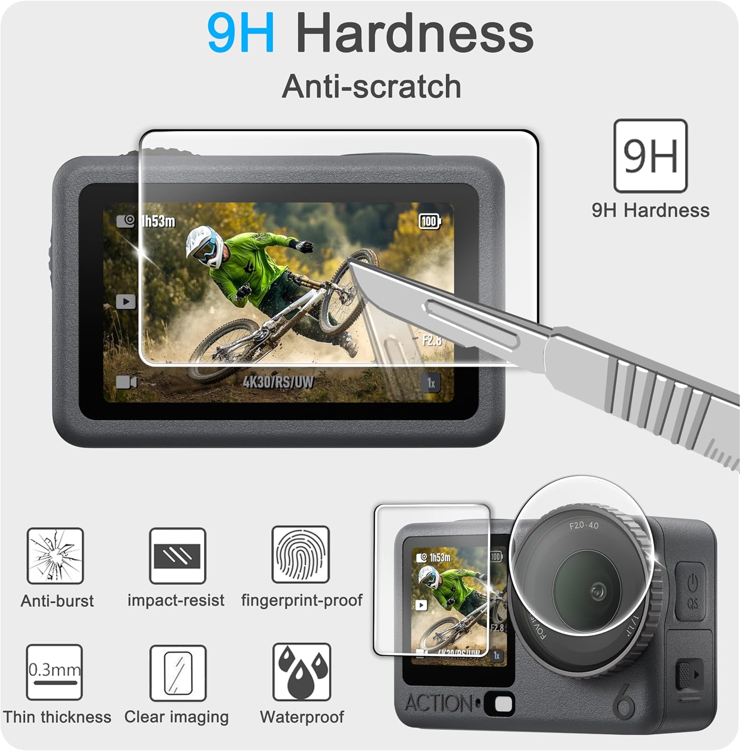 Detalle de FiTSTILL Tempered Glass Screen Protector Set for DJI Osmo Action 5 Pro/4/3 (9-pack) with Silicone Lens Cover