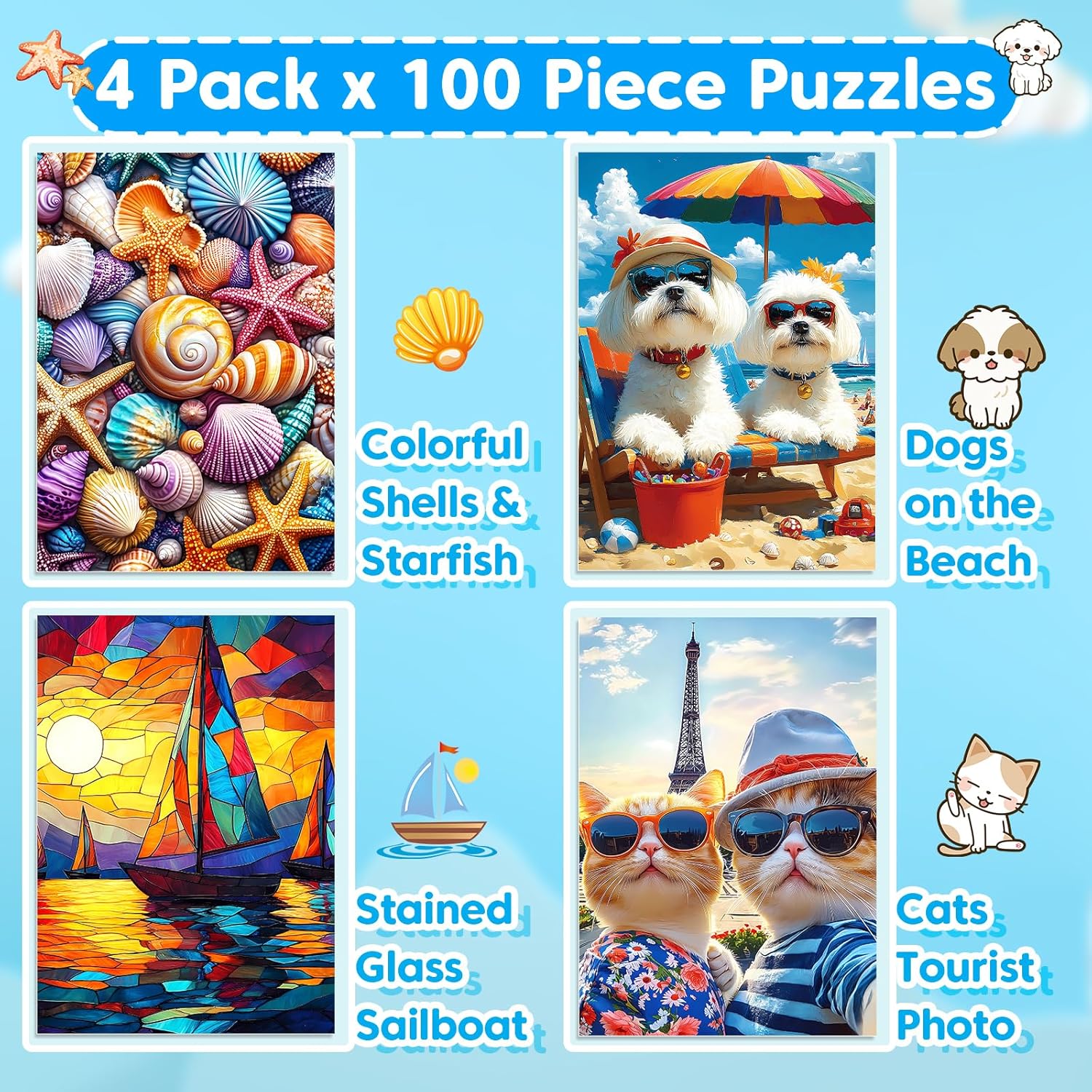 Thumbnail 1 de 4 Packs 100 Piece Puzzle – Shells Sailboat Cats Dogs: Vibrant, Family-Friendly 100-Piece Puzzles