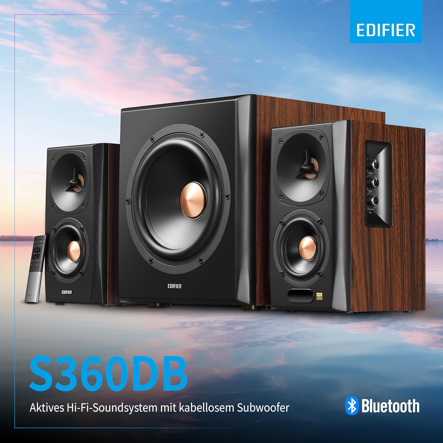 Detalle de Edifier S360DB 2.1 Regallautsprecher mit Subwoofer – Bluetooth 5.1 aptX, kabelloser Sound für Büro, Wohnzimmer und kleine Räume