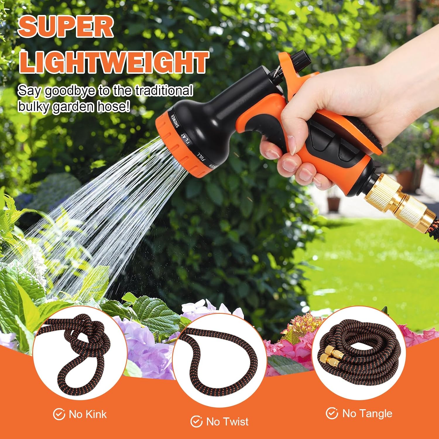 Detalle de Flexible Garden Hose with Latex-Expander (100FT/30M) – 3/4" and 1/2" Metal Fittings, 10-Function Sprayer