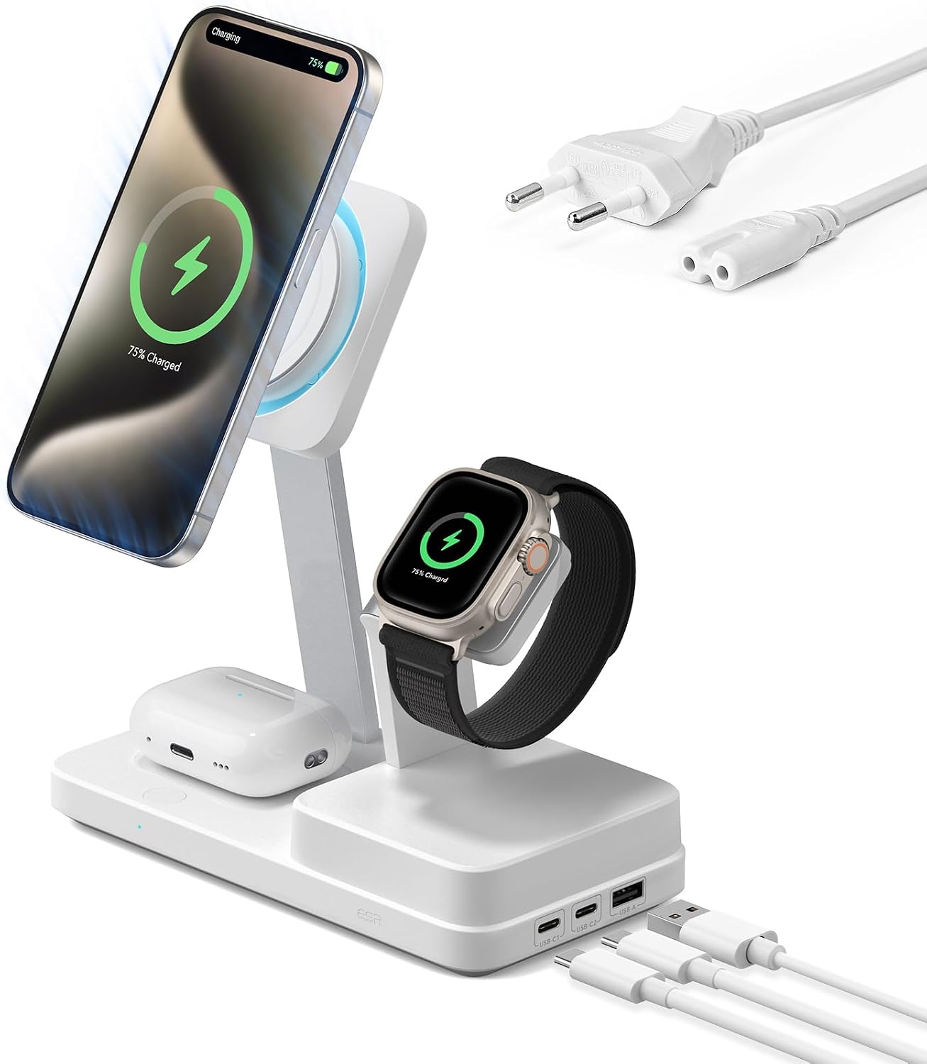 Detalle de Stazione di Ricarica GaN 100W ESR con CryoBoost 6-in-1: ricarica magnetica e MagSafe per iPhone, Apple Watch e dispositivi USB-C/A