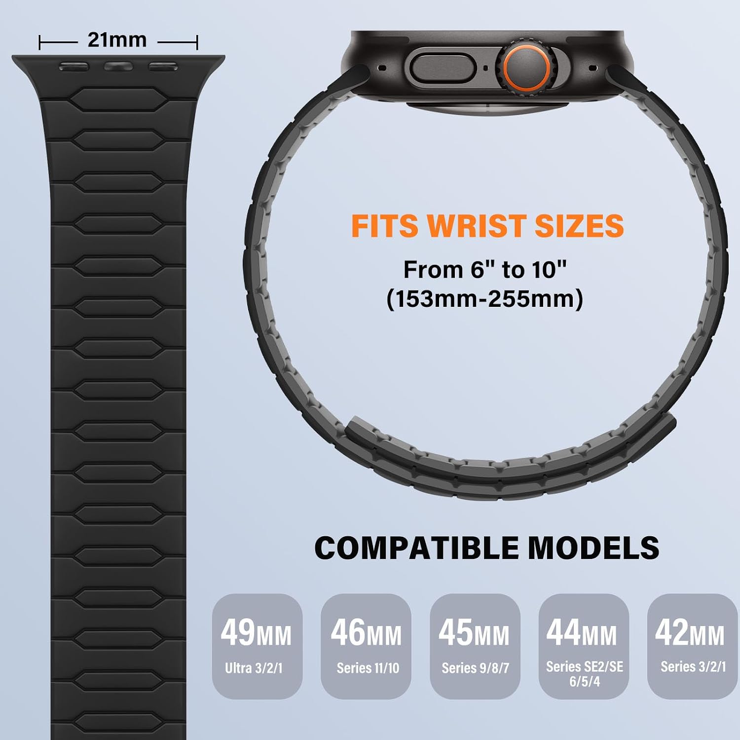 Detalle de Sixmoat Magnetic Band for Apple Watch — 42–49mm Silicone Magnetic Strap (Black/Gray)