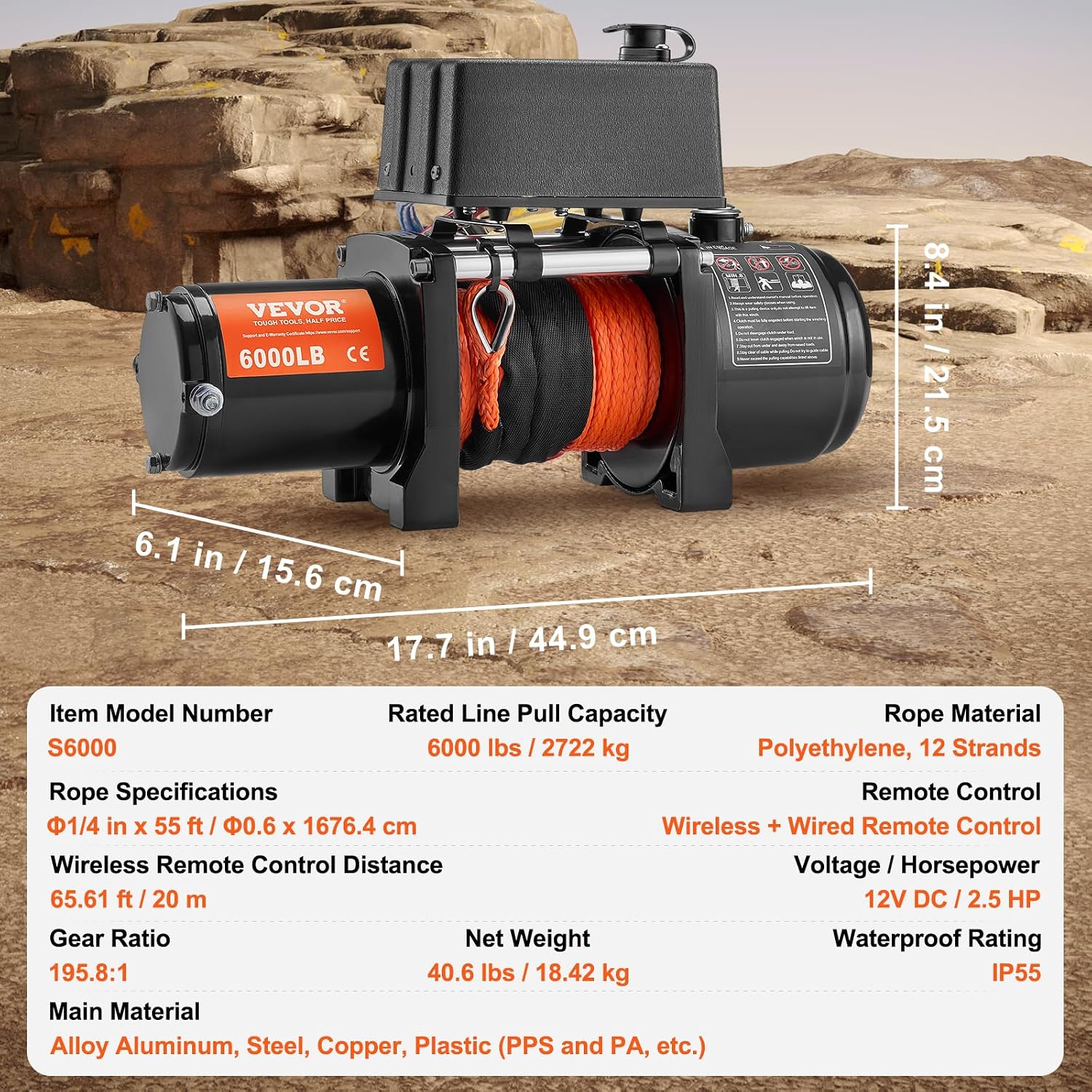 Thumbnail 6 de VEVOR Electric Winch 6000 lb: 12V DC, Synthetic Rope, Wireless & Wired Remote